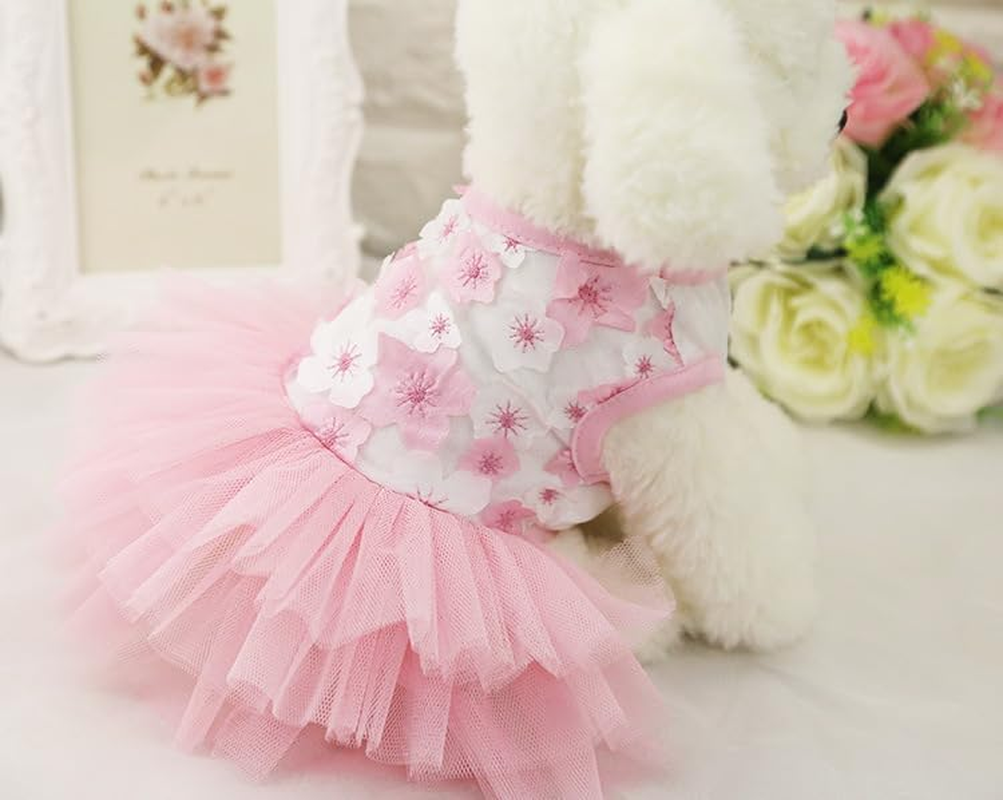 Dog Princess Dress, Dog Skirt Wedding Dress Summer Peach Blossom Petal Embroidery Tulle Ruffle Dresses Birthday Party Costume for Small Dog Girl Apparel (Pink, M) image number 1