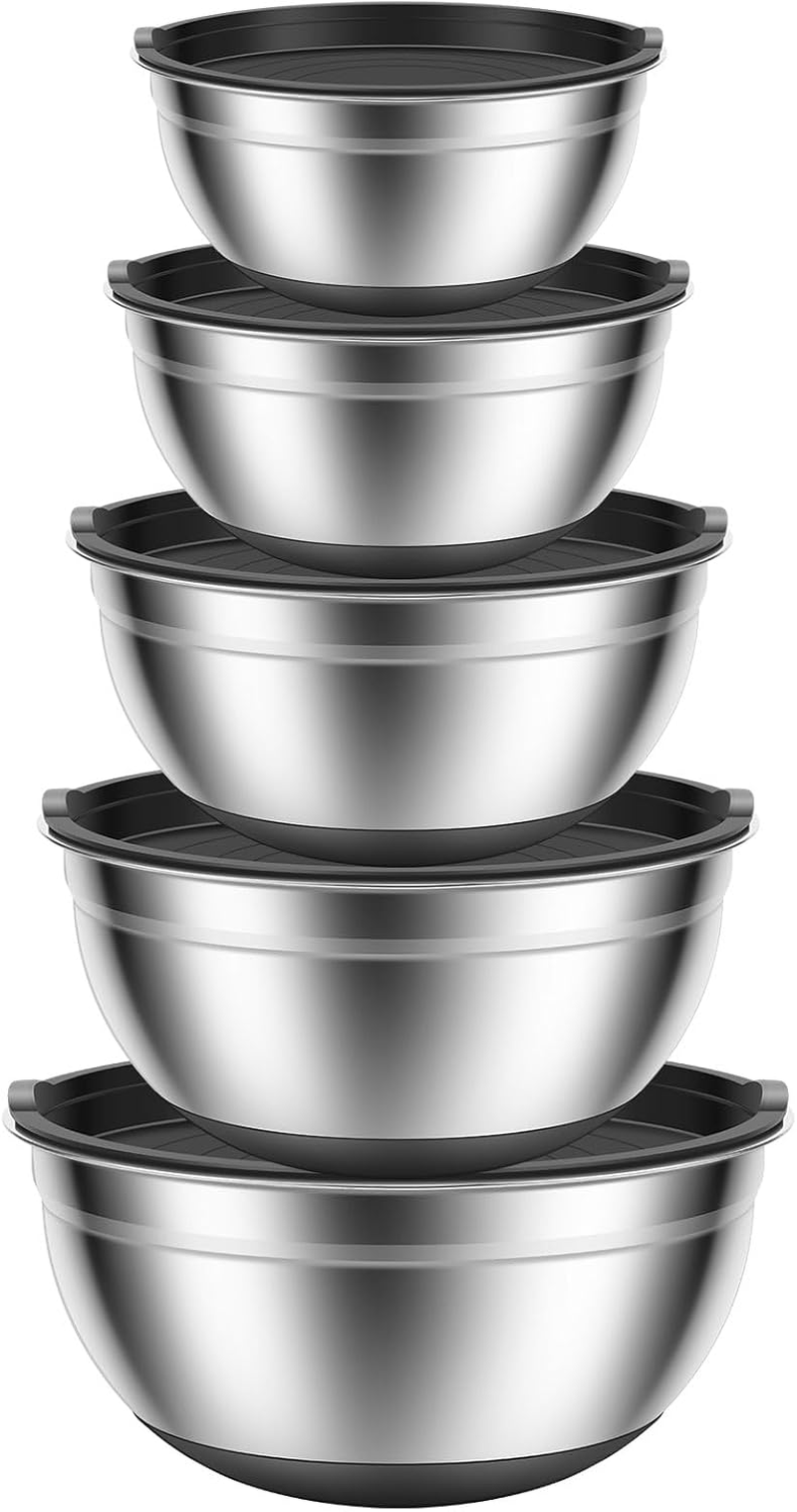 Set of 5 Mixing Bowls with Lids Stackable Stainless Steel Nesting Bowls with Non-Slip Bottoms for Kitchen Mixing Baking Prepping Cooking Serving (Set of 5)