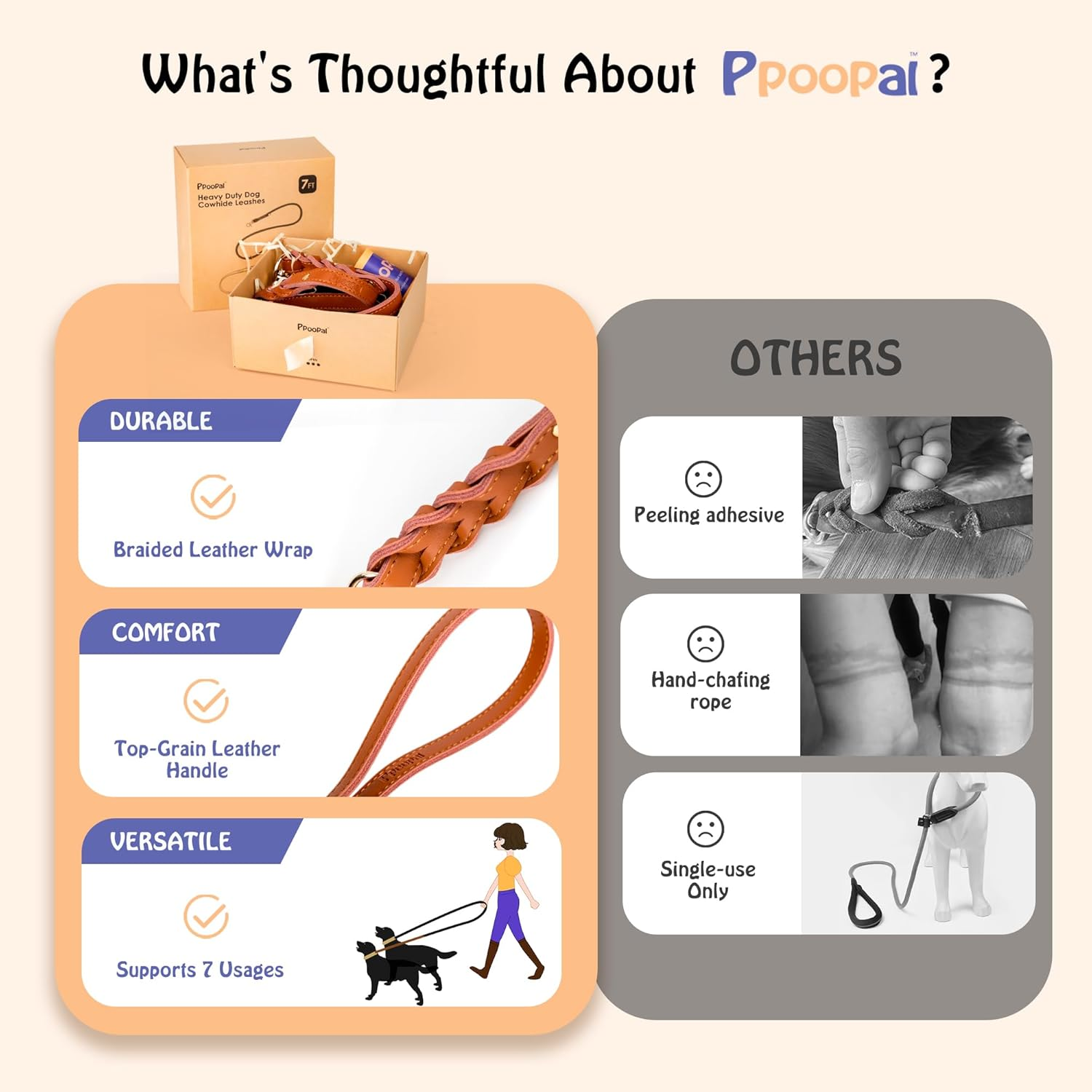 Premium Dog Leash 7FT Adjustable Rope Lead with Full Grain Leather Handle &ndash; Heavy Duty 10Mm Nylon Leash for Medium to Large Dogs, Comfortable Control for Daily Walking & Training image number 4