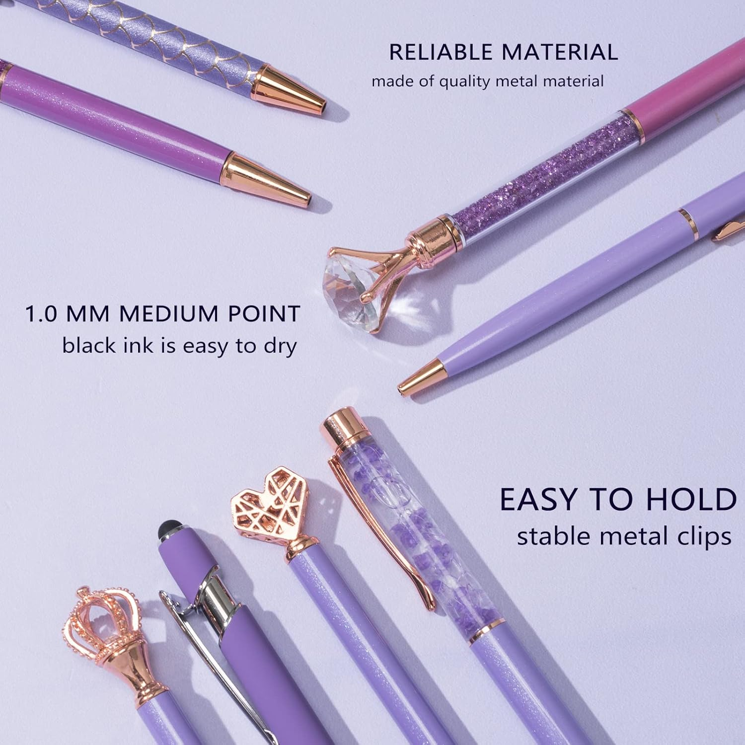 10 Pcs Purple Glitter Ballpoint Pens,Comfortable Writing Pens,Metal Retractable Pretty Journaling Cute Pens Bulk, Black Ink Medium Point (1.0Mm) image number 1