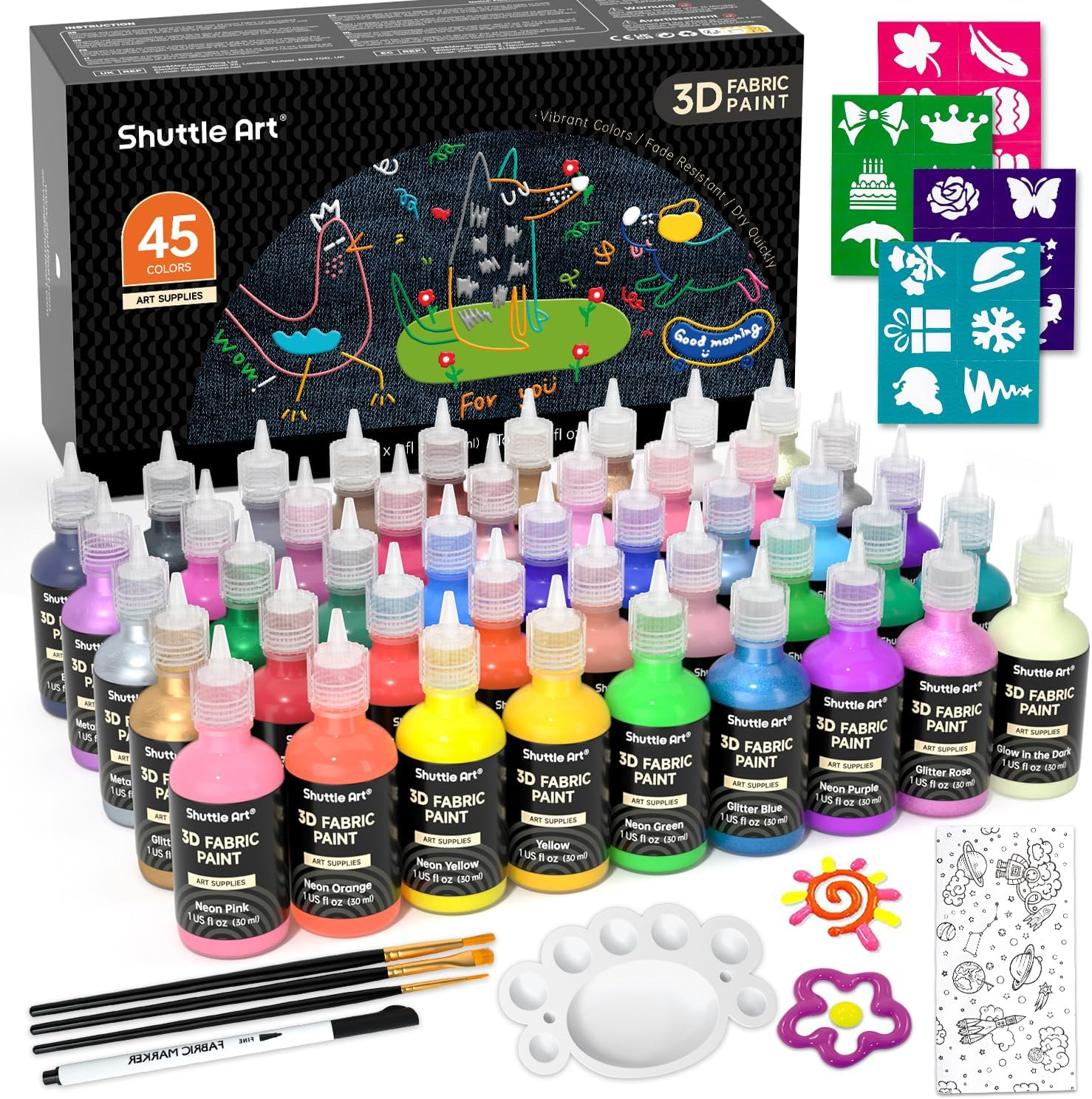 Shuttle Art Fabric Paint Set, 45 Colors 3D Permanent Paint with Brushes Palette Pen Fabric Sheet Stencils, Glow in the Dark, Glitter,Metallic Colors for Textile Fabric T-Shirt Jeans Glass