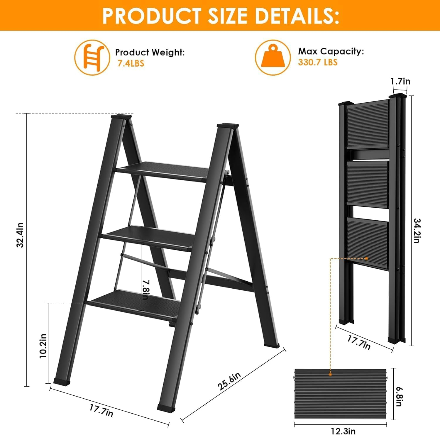 HOMIEST 3 Step Ladder, Folding Step Stool with Wide Anti-Slip Pedals, Aluminum Portable Lightweight Ladder for Home, Kitchen, Office, Sturdy Temporary Storage Shelf Rack, Max Capacity 330Lbs, Black image number 3
