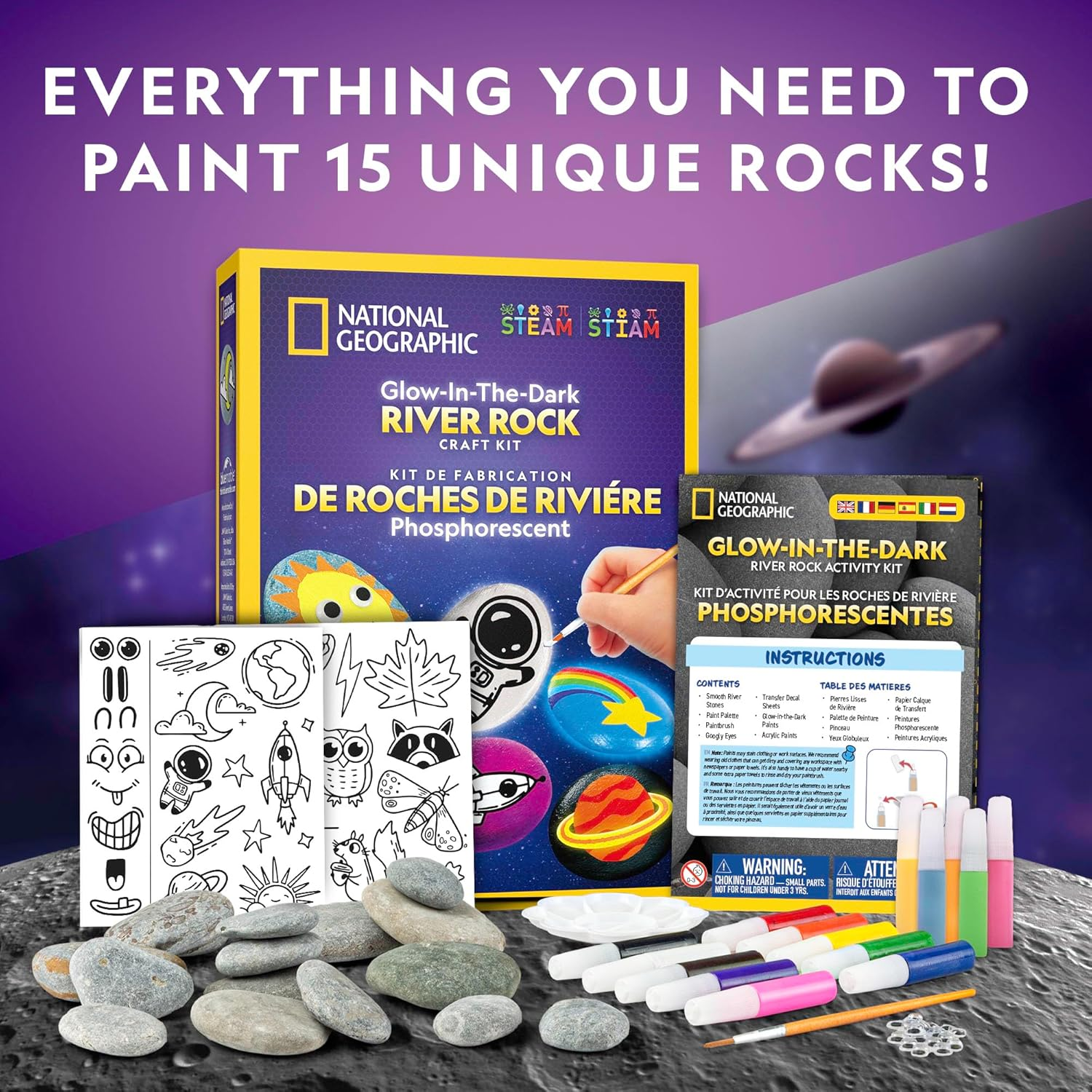 National Geographic Glow in the Dark Rock Painting Kit - Arts & Crafts Kit for Kids, Decorate 15 River Rocks with 15 Paints & Art Supplies, Kids Craft image number 4
