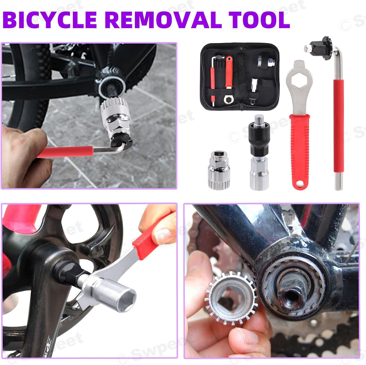 Swpeet 6Pcs Steel Bicycle Repair Tool Kit, Portable Emergency Accessories, Includes Bike Crank Extractor, Bottom Bracket Remover, 16Mm Spanner Wrench, Allen Wrench, Square Nut, Portable Bag