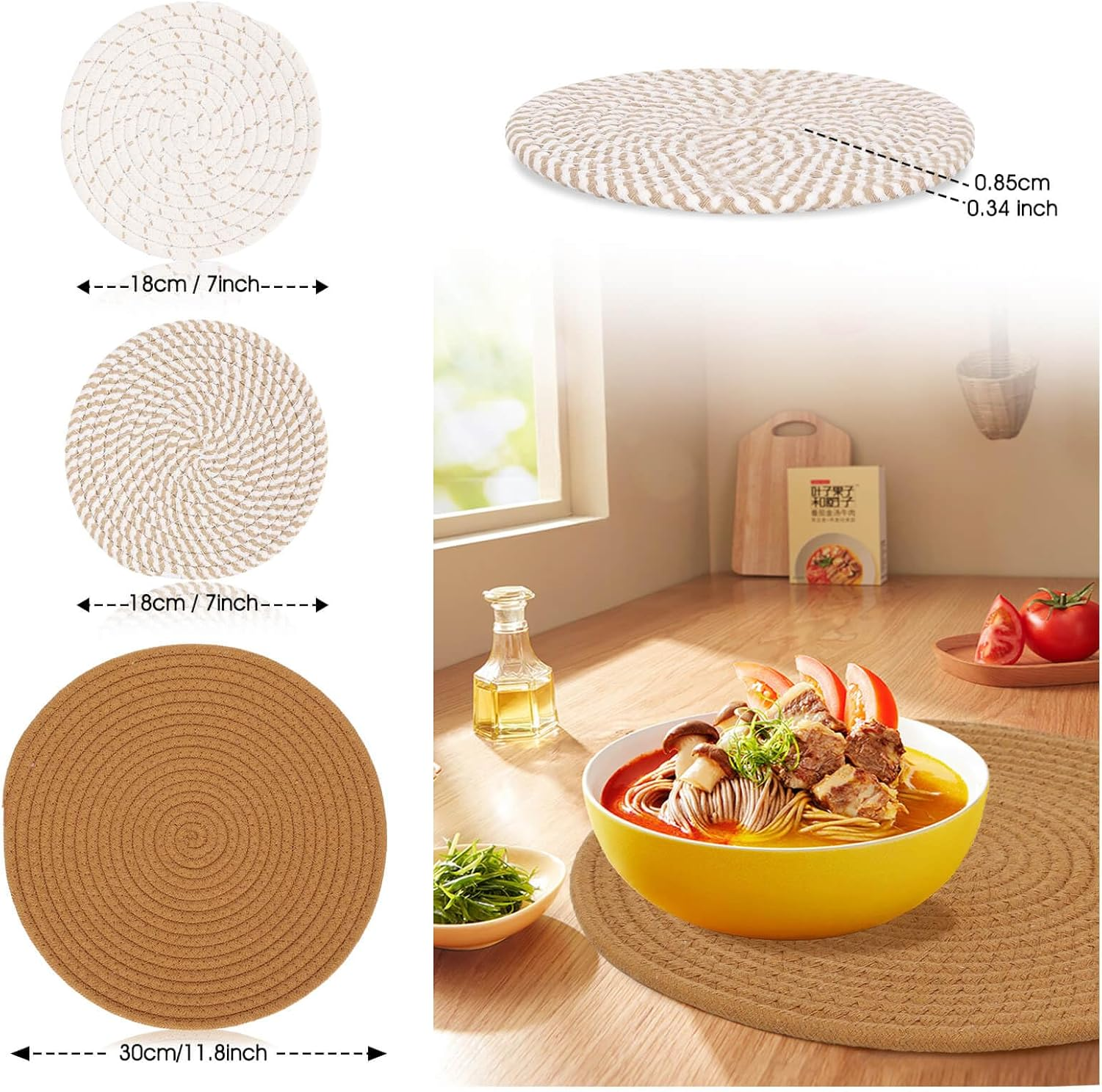 Trivets for Hot Pots and Pans, 6 Pieces Boho Rivets for Hot Dishes, Pot Holders for Kitchen, Hot Pads for Countertops, Boho Home Decor, House Essentials for New Home, 11.8 Inches and 7 Inches image number 1