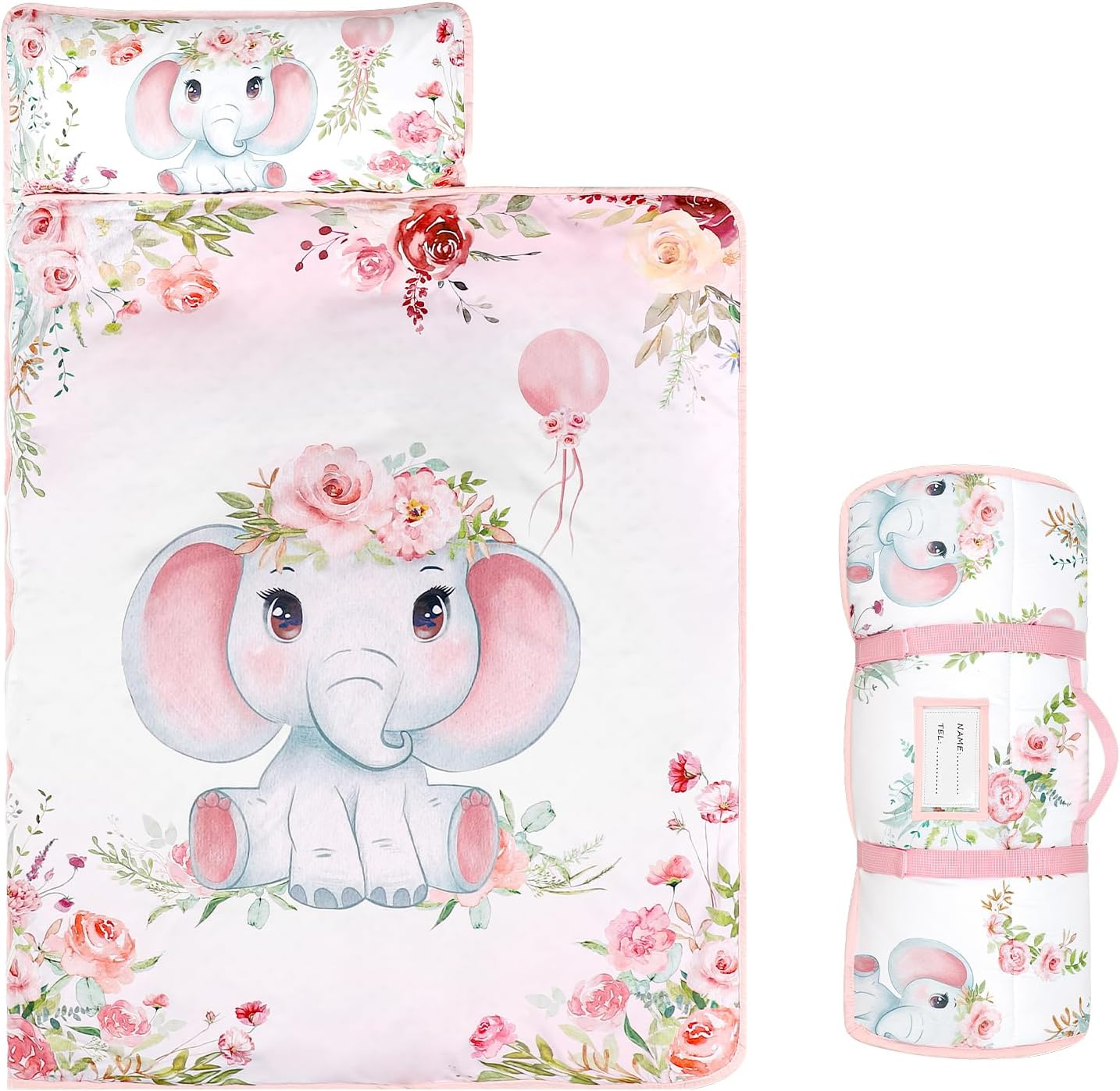 Toddler Nap Mat for Preschool, Soft Sleeping Mats for Kids Boys Girls, Detachable Zipper, 55" X 23" Fit Stackable Kiddie Cot, Pink Elephants image number 1