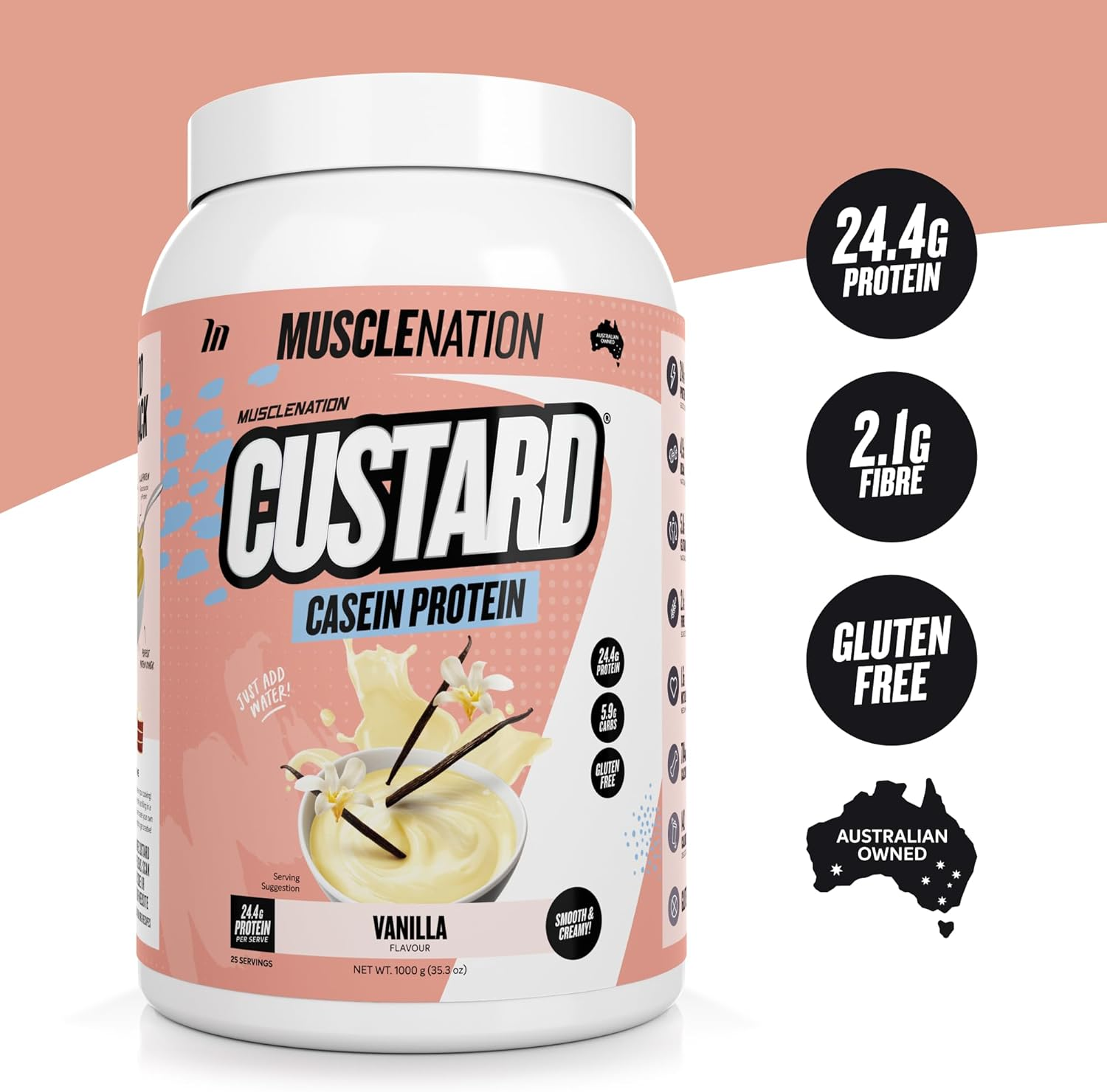 Muscle Nation Vanilla Custard Casein Protein Powder &ndash; Supports Muscle Recovery, High Protein, Low Carb, Vegetarian Supplement 1Kg (25 Serves)