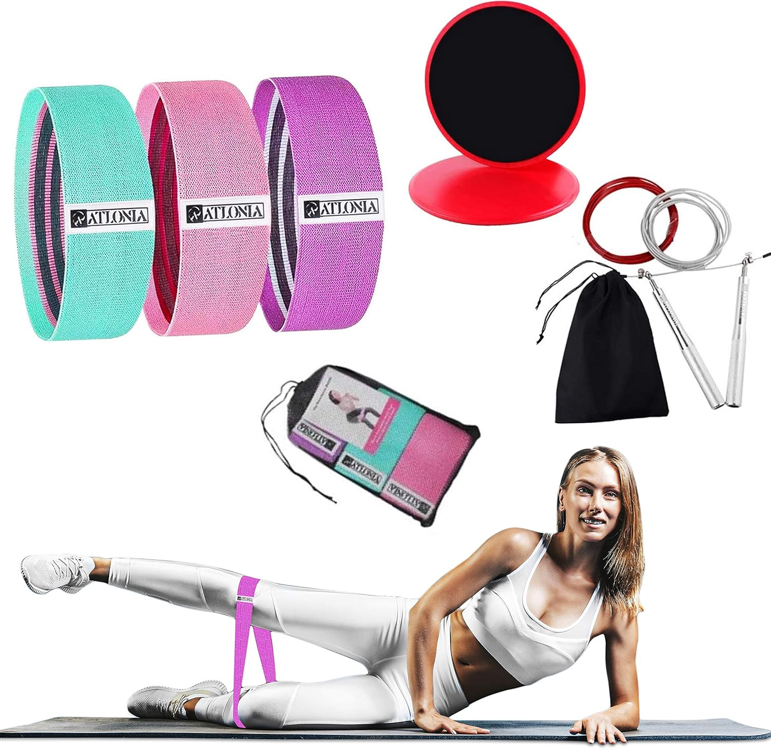 Resistance Exercise Booty Bands & Core Gliders & Jump Rope Set, Ab Floor Slider Discs W/ Double Side, Fitness Hip Circle Bands, Speed Jump Rope Crossfit for Men and Women Gift, Full Body Workout Fitness Exercise image number 1