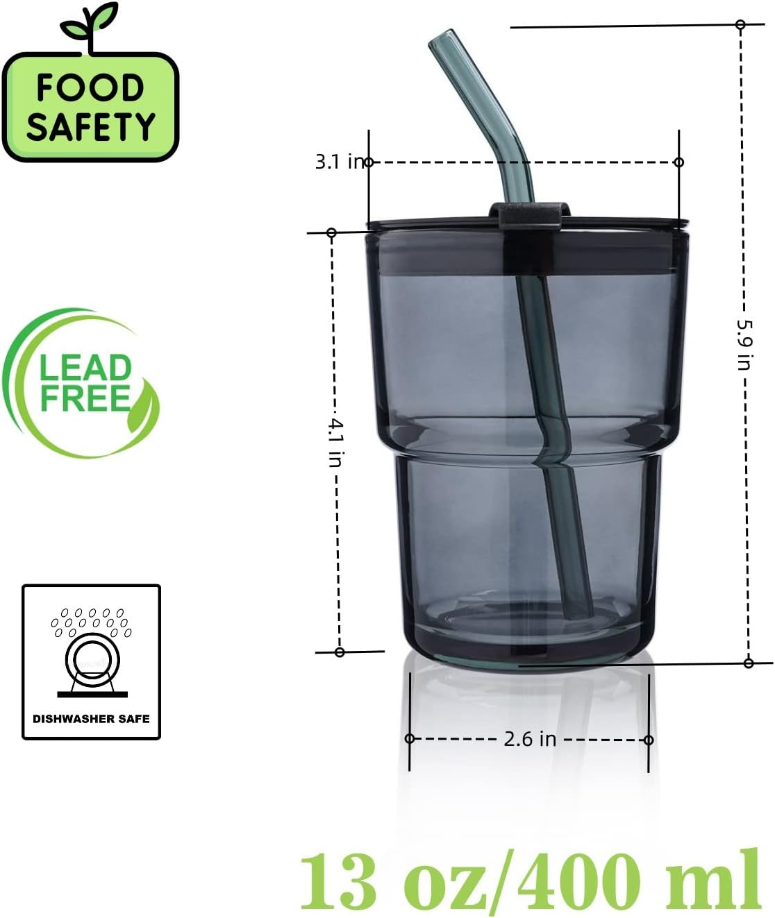 13 OZ/400ML Ice Coffee Glass Tumbler with Straw and Lid Sealed Carry On, Thick Wall Water Glass Cup Mug Tea （Gray） - Ambler 2 Pack image number 3