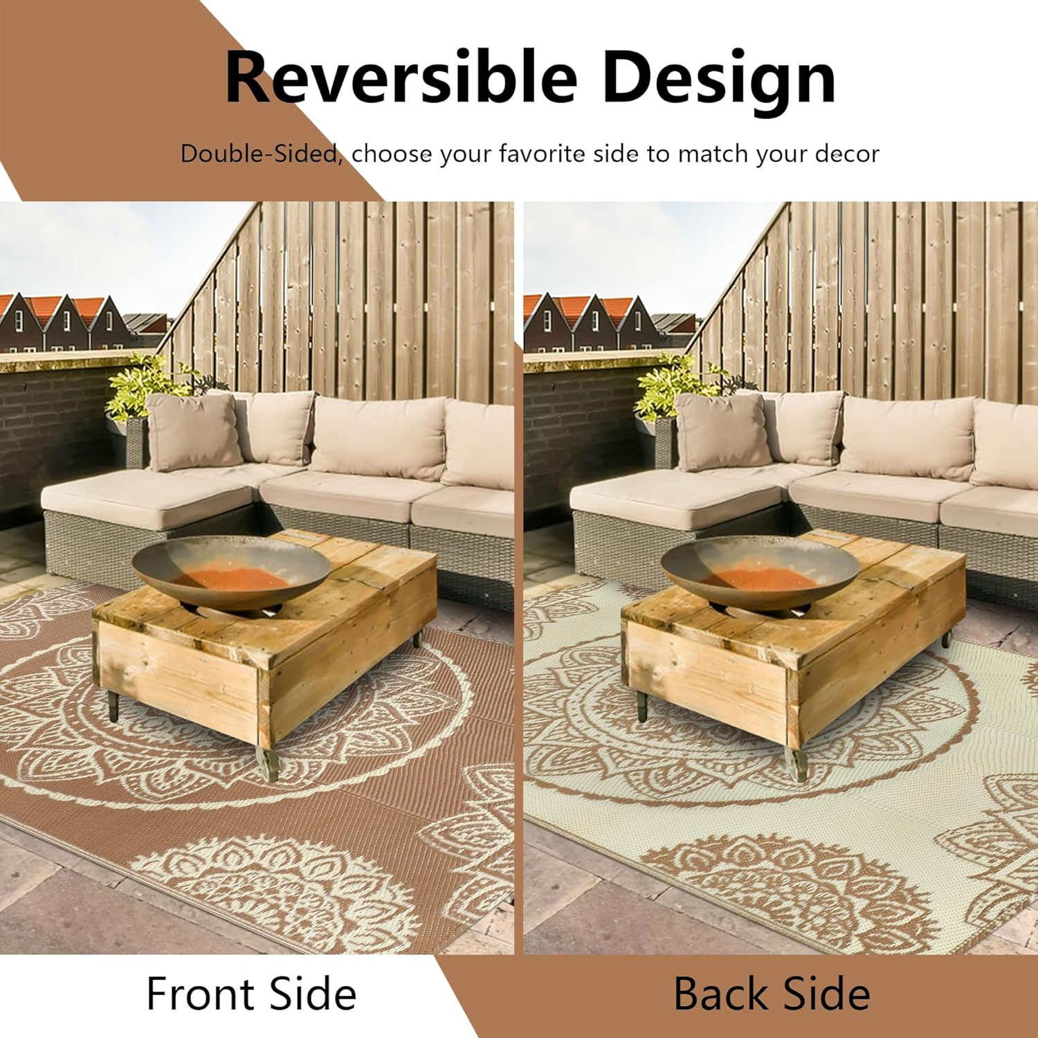 Famibay Outdoor Rug Waterproof Plastic Straw Garden Rugs Reversible Outdoor Rug 120 X 180 Cm Patio Carpet UV Resistant Portable Indoor Area Rug for RV Balcony Picnic Brown Beige image number 1