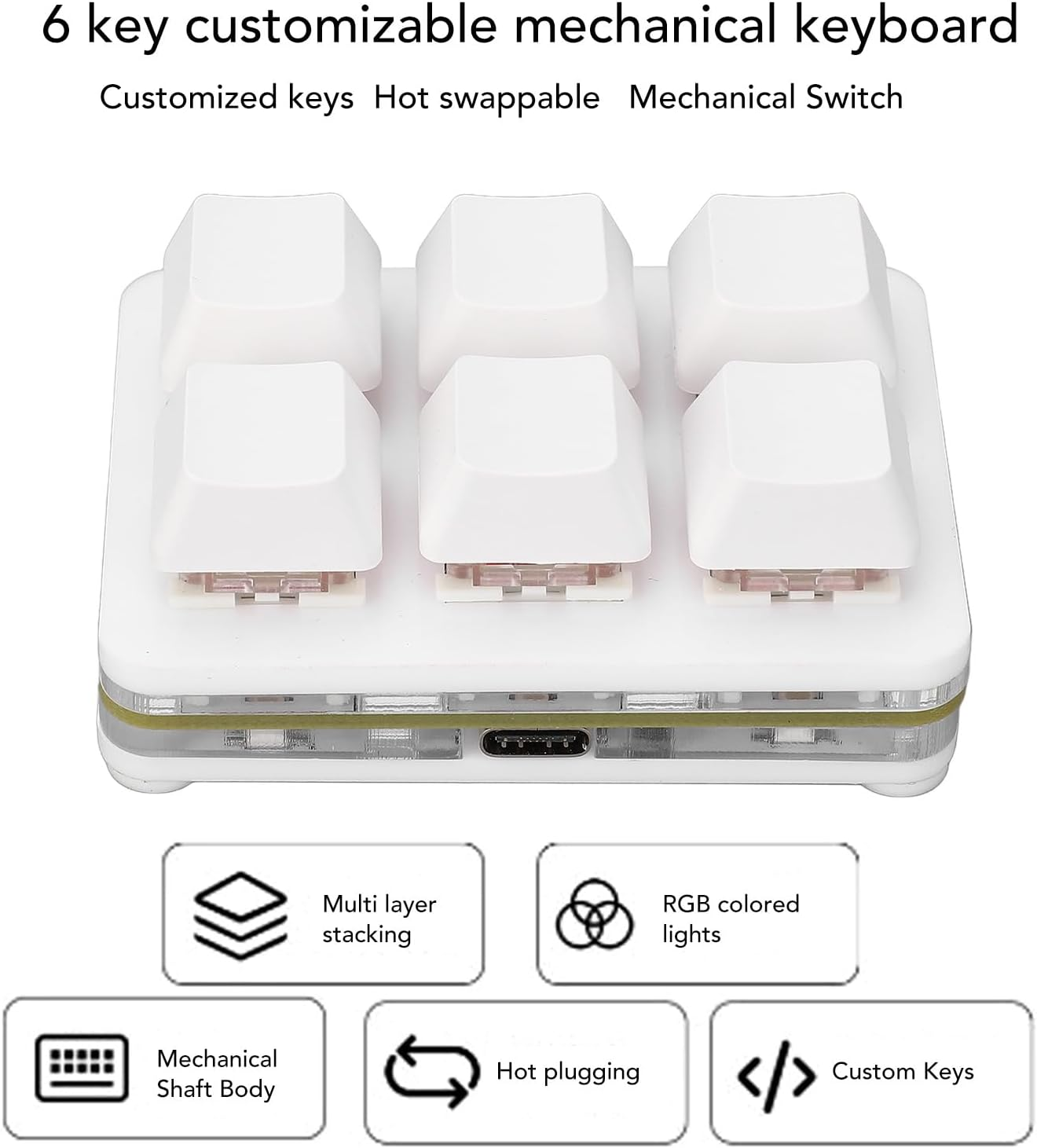 6 Key Mini Keyboard, RGB Macro Customized Programmable OSU Keypad with Red Switch, One Handed Gaming Keyboard for Game Office (White) image number 4