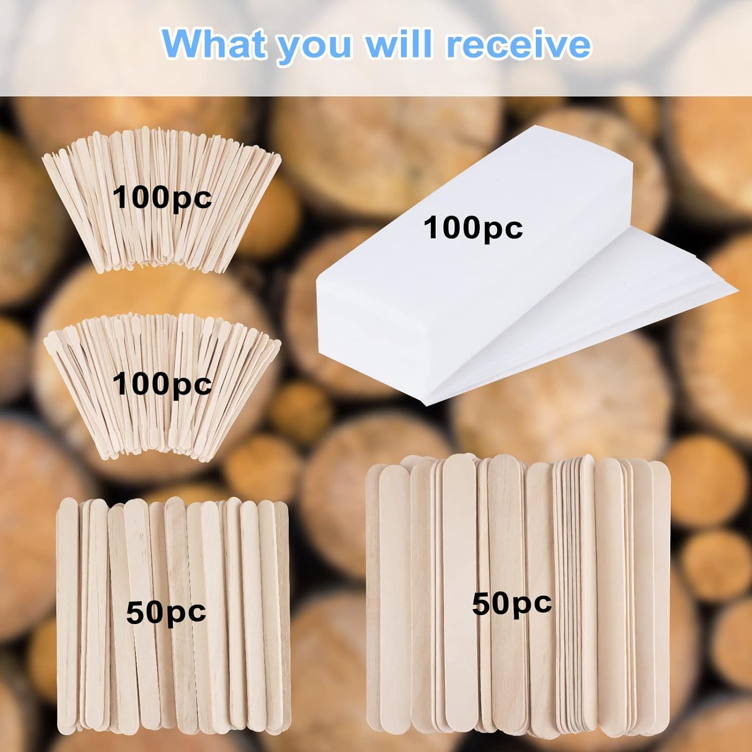 400Pcs Wax Strips Kit, 300 Wooden Wax Applicator Sticks & 100 Non-Woven Paper Wax Strips for Face, Body Hair Removal, Unisex Adults image number 1