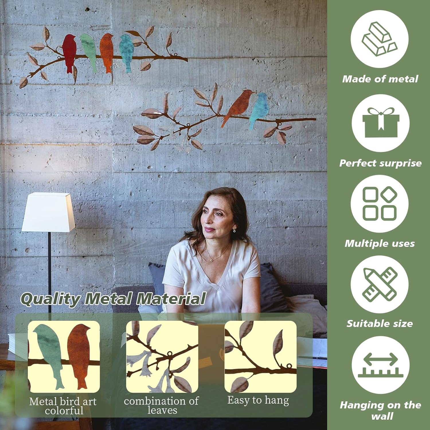 2 Pcs Metal Birds Hanging Bird Picture Wall Decor, Vivid Birds on Branch Art, Metal Silhouette Sculpture, Colorful Leaves Rustic Decor, for Balcony Garden, Indoor & Outdoor (Black) image number 4