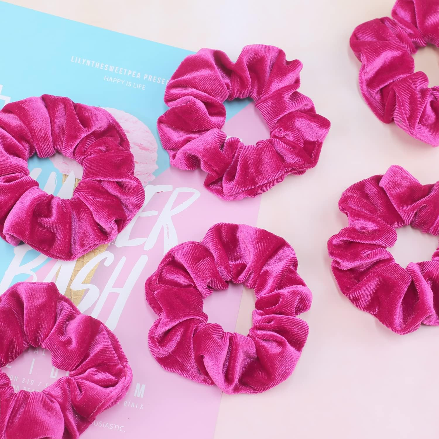 IVARYSS Hot Pink Scrunchies, Premium Velvet Soft Hair Scrunchy, Solid Colors Thick Elastic Bands, Hair Accessories for Women and Girls, 12 Pack