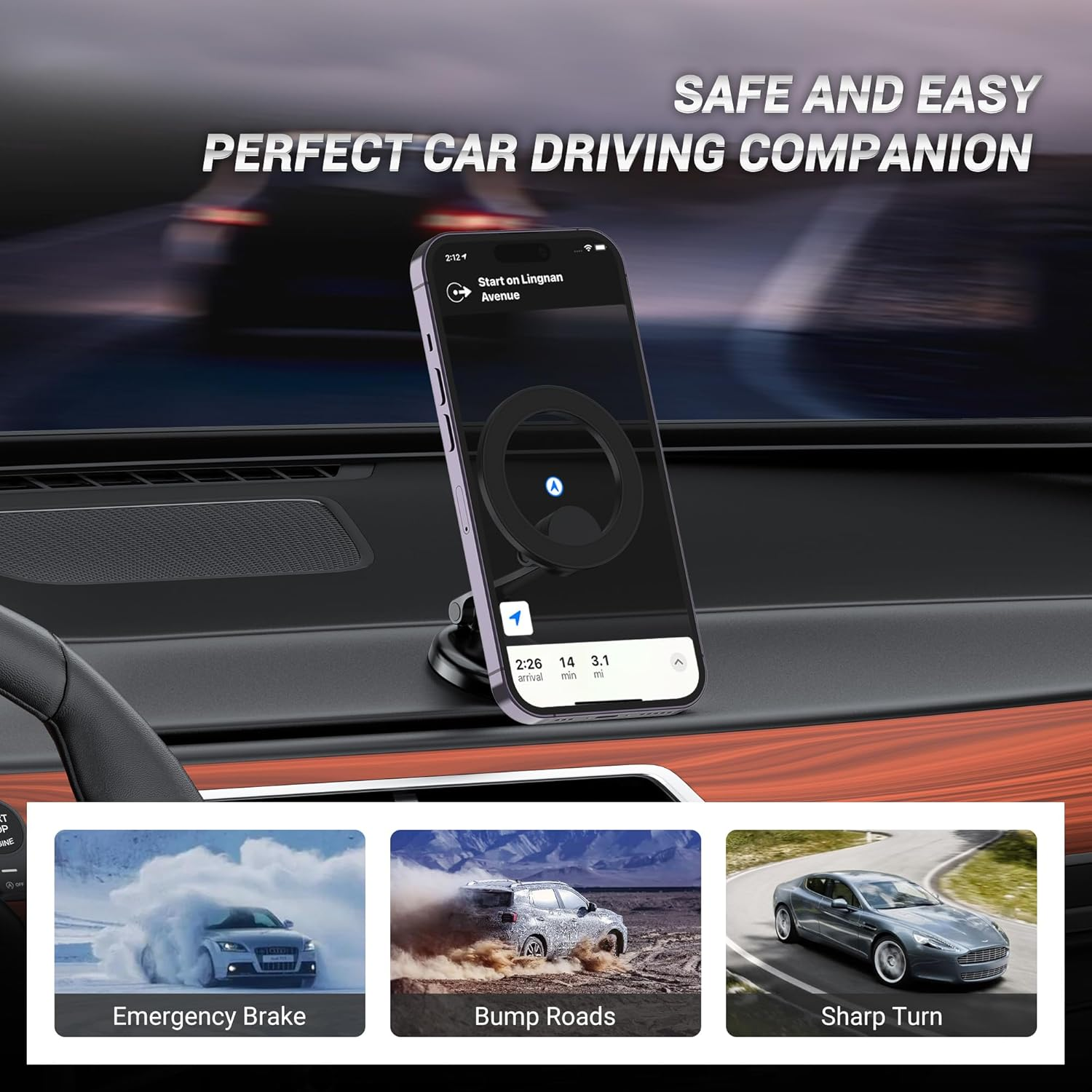 Profezzion Strong Magnetic Car Mount Phone Holder Stand for Iphone 15 14 13 12 Pro Max Mini plus & All Phones with the Metal Ring Included, on Car Dashboard Ultra Stable image number 4