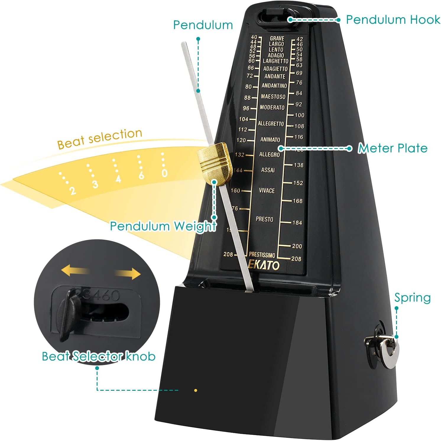 LEKATO Mechanical Metronome, Universal Metronome for Piano, Guitar, Ukulele, Violin and Chromatic, Loud Sound, High Accuracy Track Beat and Tempo for Musician image number 6