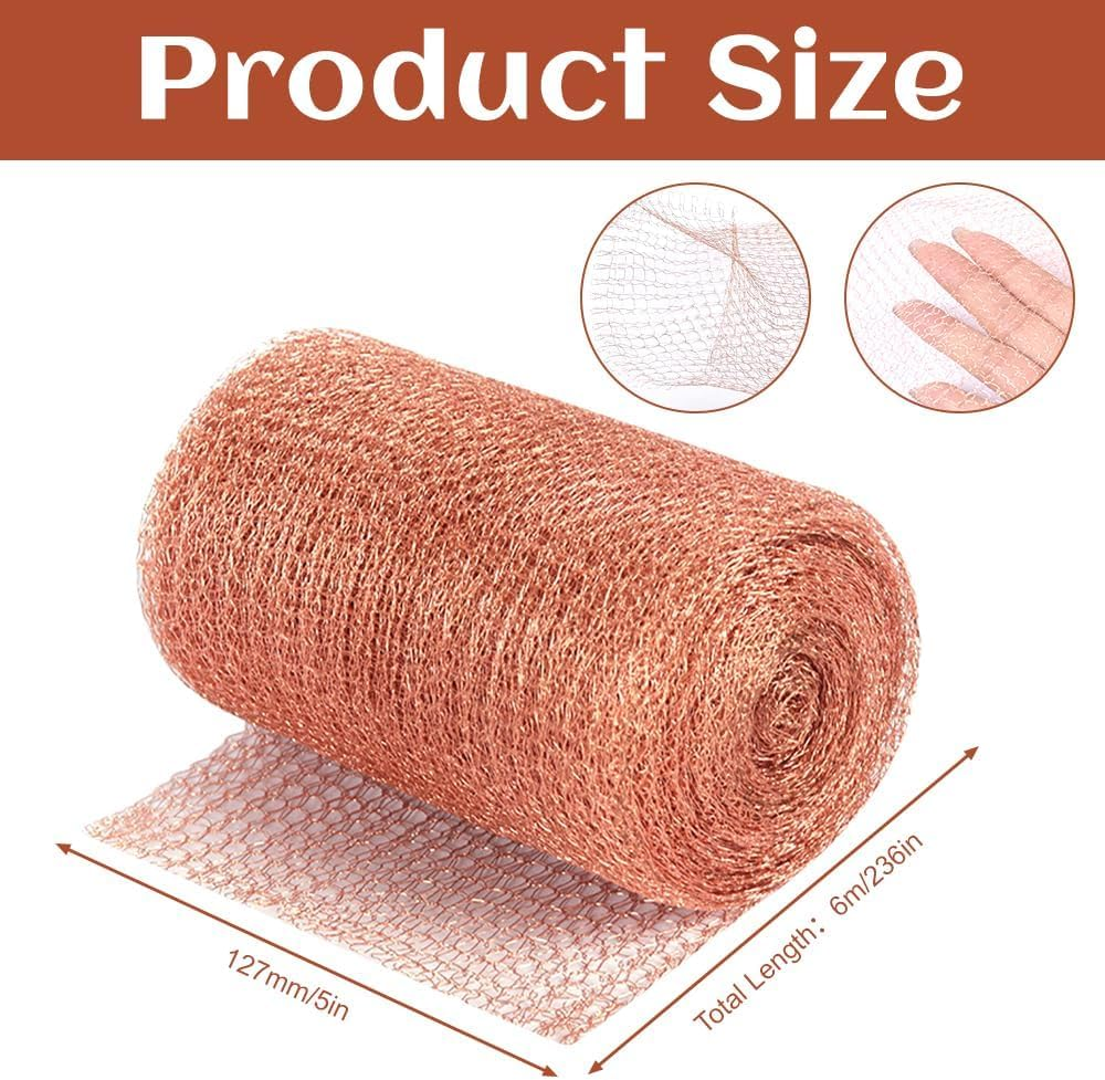 Copper Mesh Rodent Pest Control Kit, 5In X 20Ft Fine Wire Mesh Roll for Mouse Hole Filler, Copper Meshs Slug Repellent for Closing Gaps around Gardens Windows Pipes image number 2