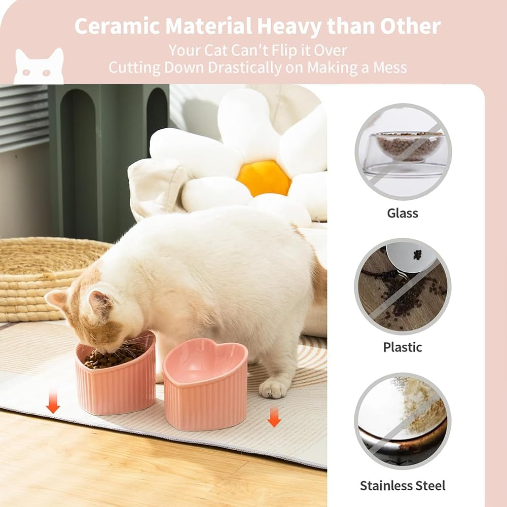 12 CM Raised Tilted Cat Bowls &ndash; 2 Pack Pink Heart-Shaped Ceramic Elevated Feeder Dishes for Small Cats & Kittens, Anti-Vomit Pet Food & Water Bowls, Spine Protection