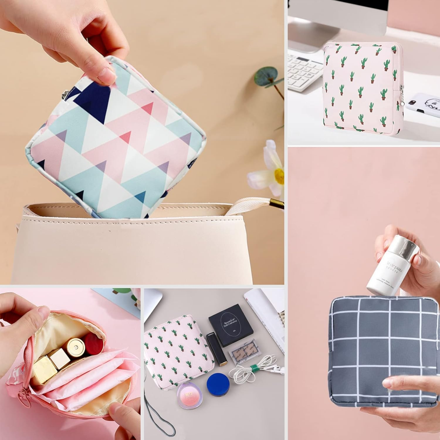 Portable Sanitary Napkin Storage Bag,4 Pieces Reusable Period Pouch for Teen Girls & Women,Pad Bags for Period for School,Office,Mini Pouch Feminine Pads Bag Kit (Classical) - Multicolor image number 4