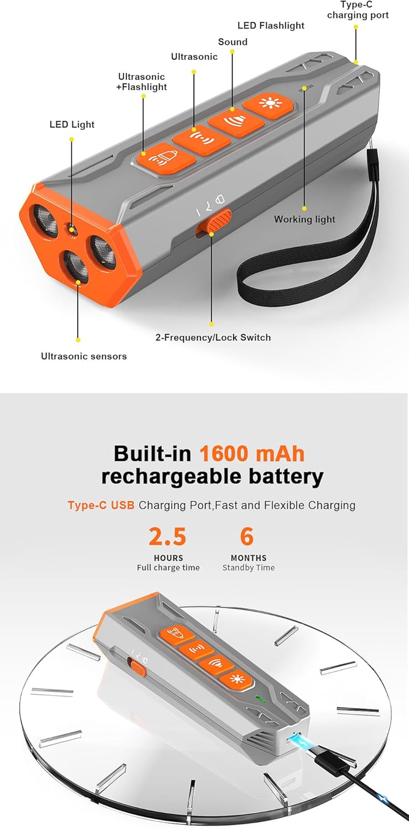 Dog Bark Deterrent Device - 2-In-1 Ultrasonic Dog Trainer with 2 Frequency Modes, 23Ft Range, LED Flashlight, Rechargeable Handheld Pet Training Tool for Bark Control & Behavior Training image number 1