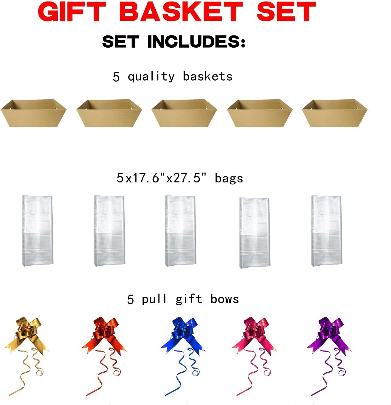 Funsky Baskets for Gifts Empty, 5 PCS Sturdy Diy Bulk Gift Basket Kraft Market Tray Cardboard Basket with Handles, Gift Basket Kit Supplies Wrap to Fill for Birthday Christmas Valentines Thanksgiving - Gold, Red, Blue, Pink, Purple image number 3