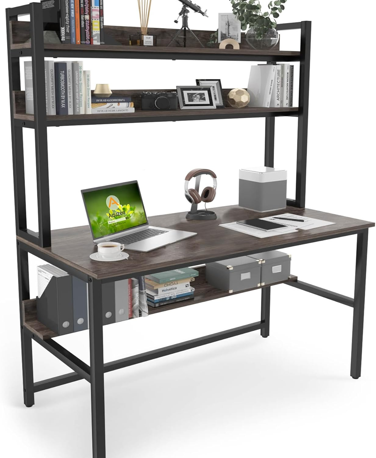 Aquzee Modern Black Computer Desk with Bookshelves, Multi-Functional Office Desk, Sturdy and Durable, Easy Assembly, Spacious Storage