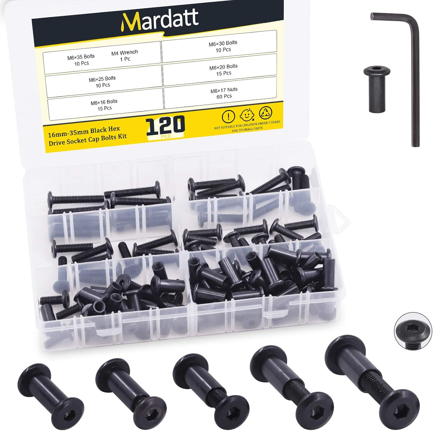 120Pcs 5 Sizes M6X16Mm/20Mm/25Mm/30Mm/35Mm Black Hex Socket Cap Bolts and Barrel Nuts Assortment Kit, Crib Bolts Flat Head Binding Bolt Screw Post for Belt Buckle Leather Furniture image number 5