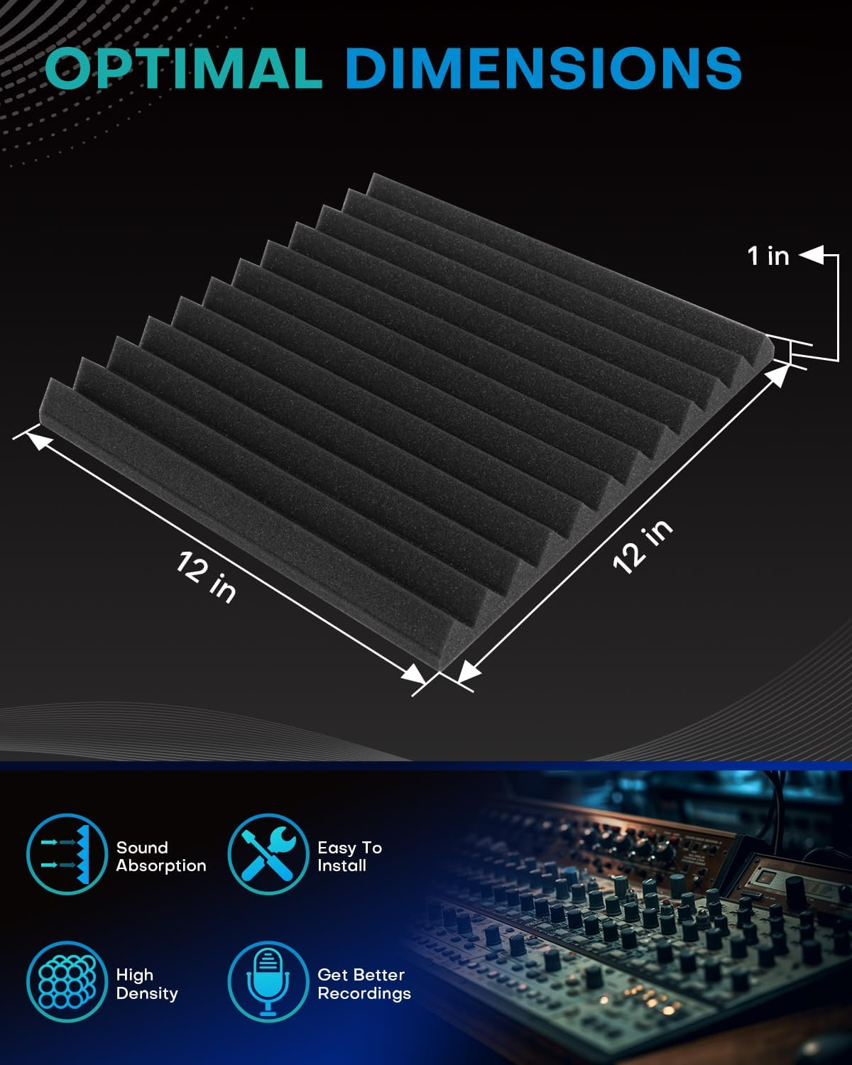 96 Pack Sound Proof Foam Panels for Walls, 2.5 X 30 X 30Cm /1" X 12" X 12" Soundproof Wall Panels, High Density Acoustic Panels Sound Absorbing, Sound Proofing Panel for Recording Studio, Offices - 52 Pack-2.5 X 30 X 30Cm image number 3