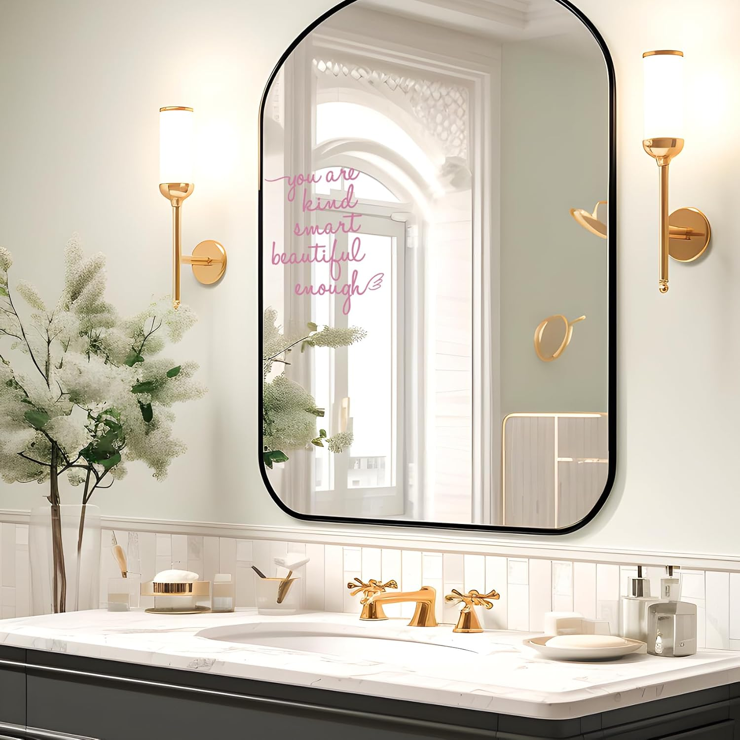 Bathroom Mirror Affirmation Wall Decor, You Are Kind Smart Beautiful Enough Vinyl Stickers, Mirror Wall Sticker for Bathroom Bedroom, Affirmations Decals for Girls Teens (Pink) - Pink image number 6