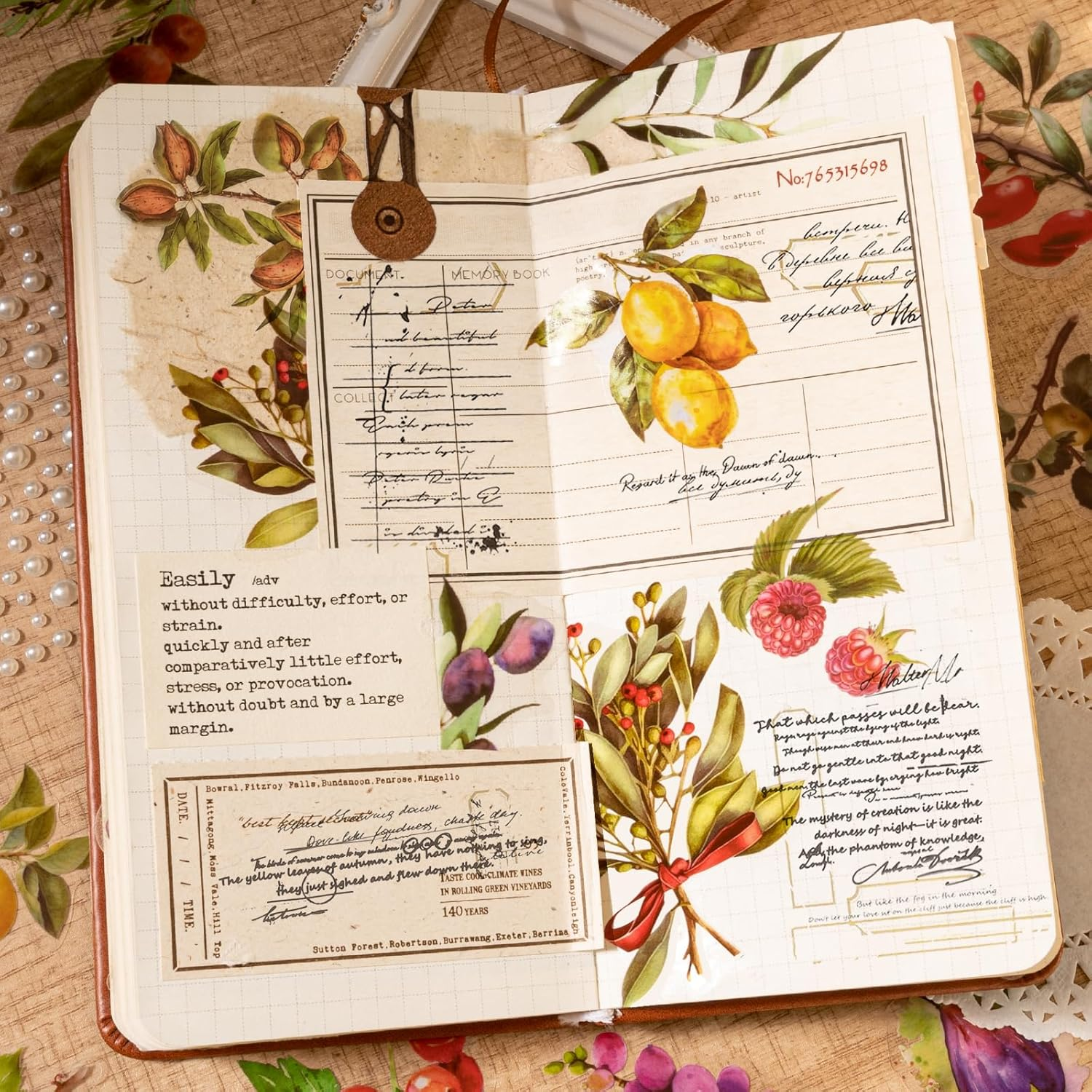 Mayplous Fruit Scrapbook Sticker Decal Set, Plastic PET, DIY Journaling, Lemon, Pineapple, Grape, Orange, 60 Pieces, Sticky Pearl, Circle Doily Paper, Beige Paper String - Mandy image number 4