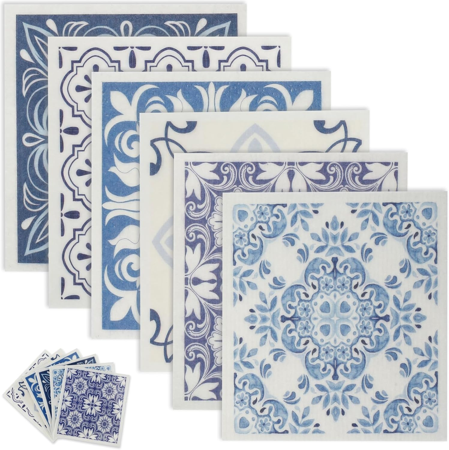 6Pcs Swedish Dishcloths - Reusable Kitchen Dish Cloth Towels - Absorbent Kitchen Dish Rags - Soft Cellulose Sponge Cloths - 7.7 X 6.7Inch - Blue, Geometric Pattern image number 1