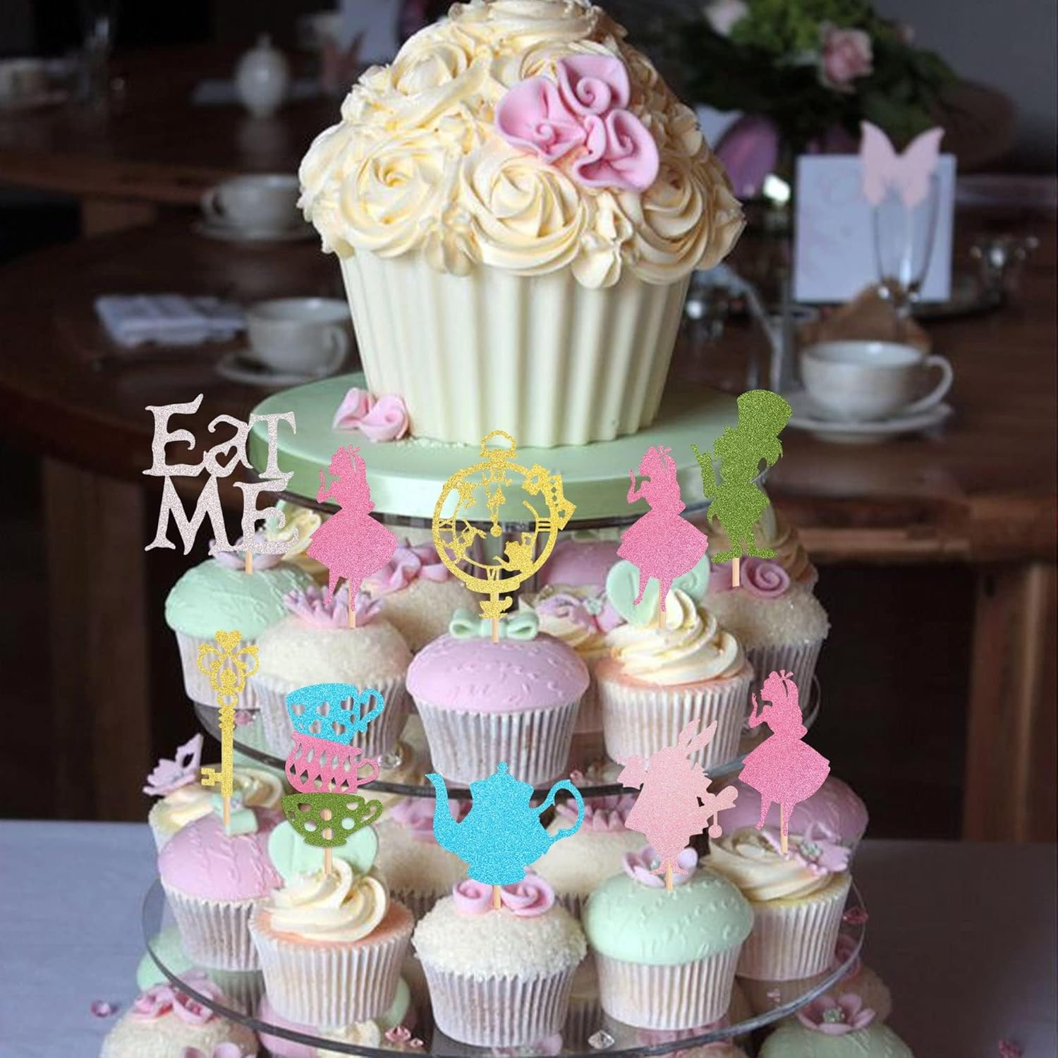 24 Pack Alice in Wonderland Cupcake Toppers Glitter Bowl Key Clock Fairy Eat Me Cupcake Picks Tea Party Cake Decorations for Baby Shower Kids Boys Girls Birthday Party Decoration Supplies image number 2