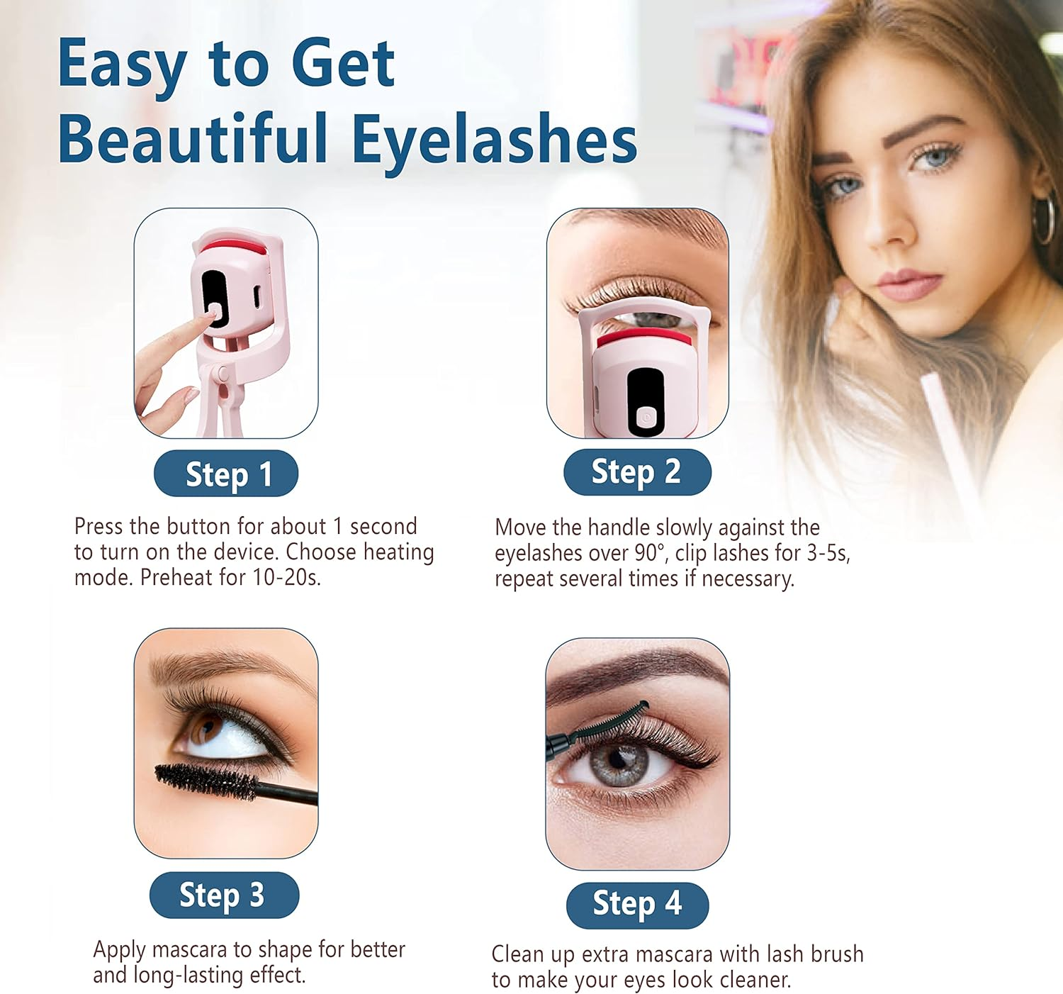 Heated Eyelash Curler, Vvallis Electric Eyelash Curlers with Eyelash Brush, Rechargeable Eyelash Heated Curler, Eyelash Curler Kit for Natural Curling with 3 Heating Modes&hellip; (Pearl White) image number 3