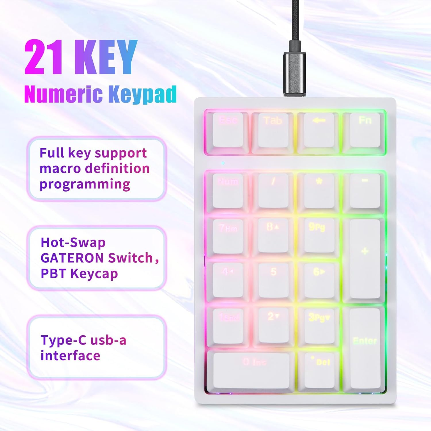 MOTOSPEED K24PRO Mechanical Numeric Keypad USB Wired 21Keys Mini Numpad Portable Keypad RGB Backlight Gaming Keypad Extended Layout for Cashier,Computersfor Pc,Mac,Windows