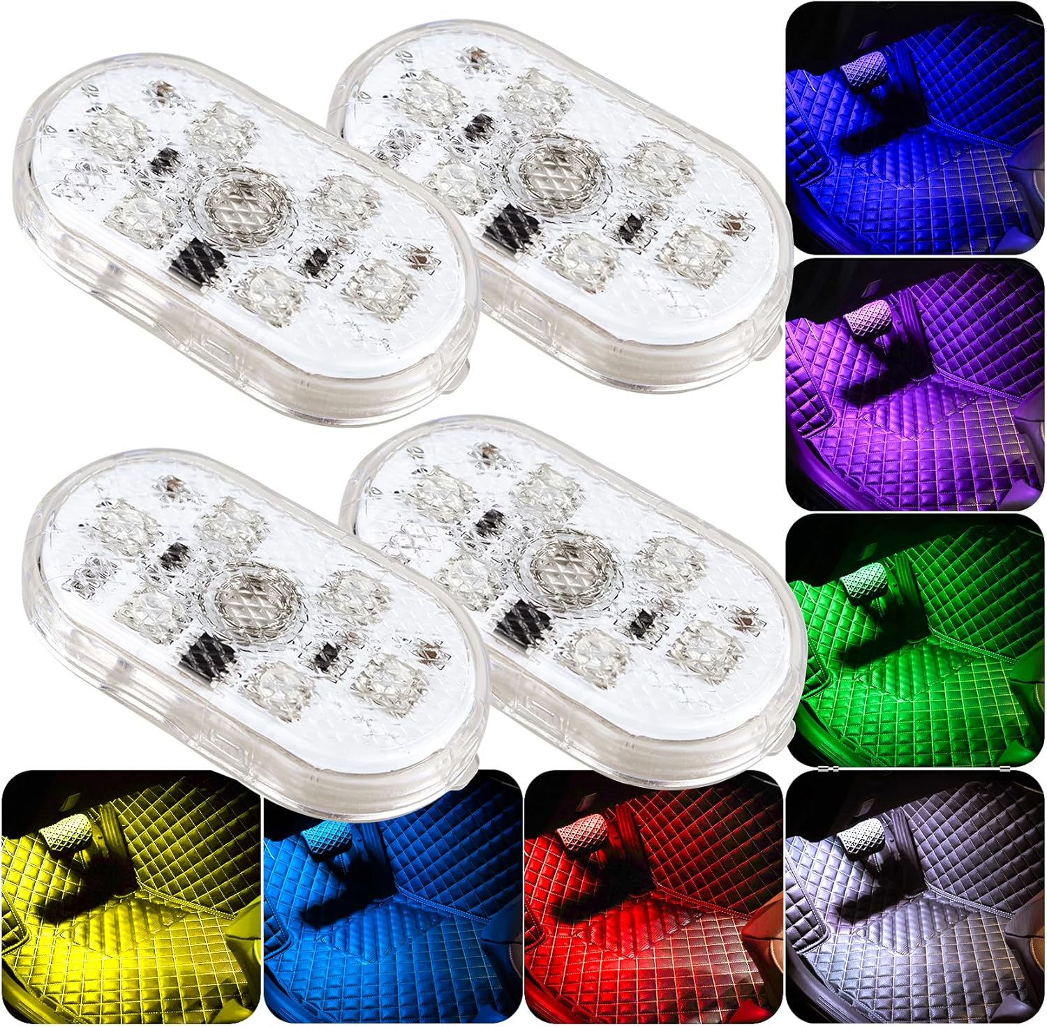 Car Led Interior Lights, Footwell Lights for Car Interior Ambient Lighting USB Rechargeable Wireless Touch Car Light for Boot, Car Doors, Armrest Boxes, Sitting Areas, 4 Pcs 7 Colors image number 5