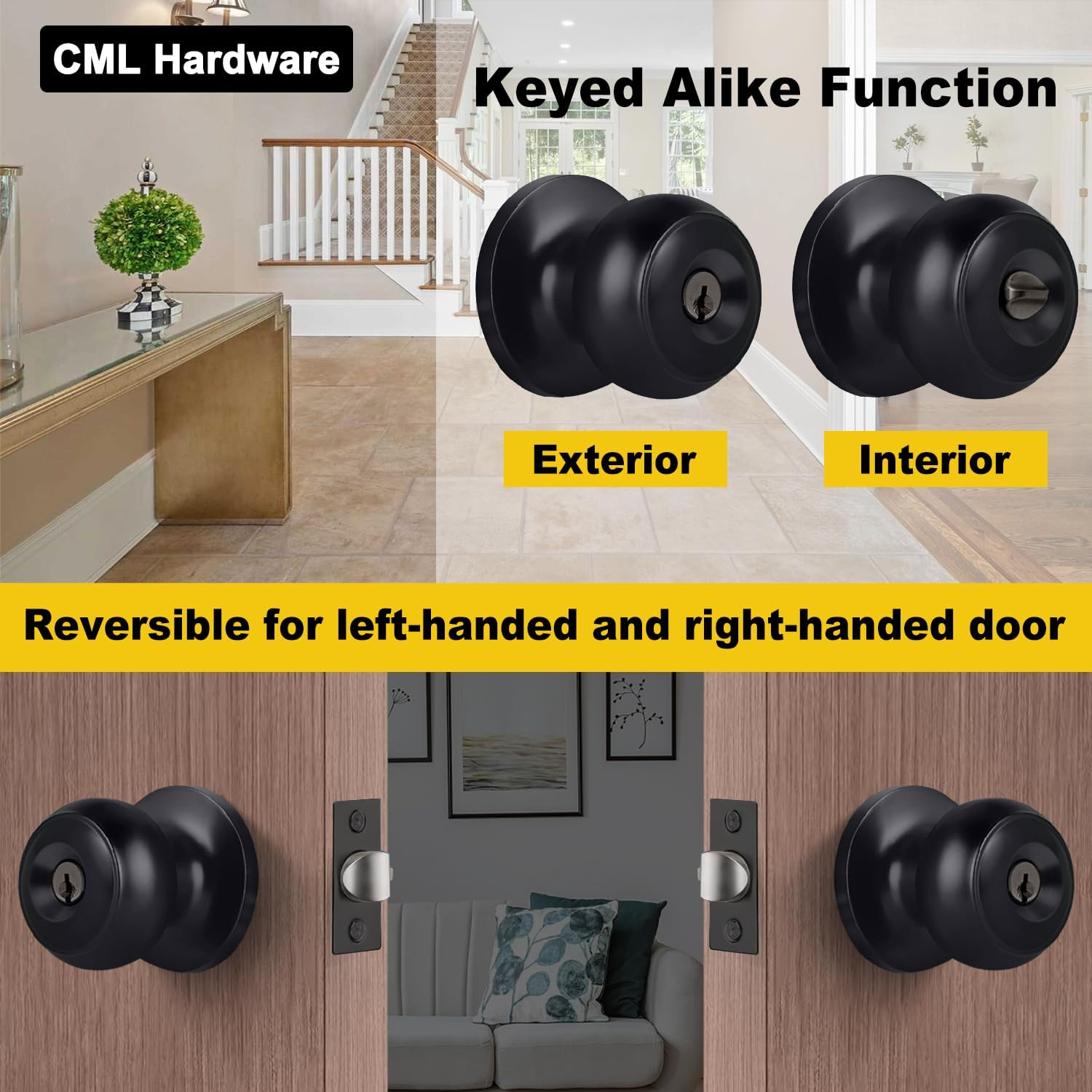 CML Hardware (3 Pack) Keyed Alike Entry Door Knob, Matte Black Exterior Door Lock for Front Door and Entrance, round Ball Handle