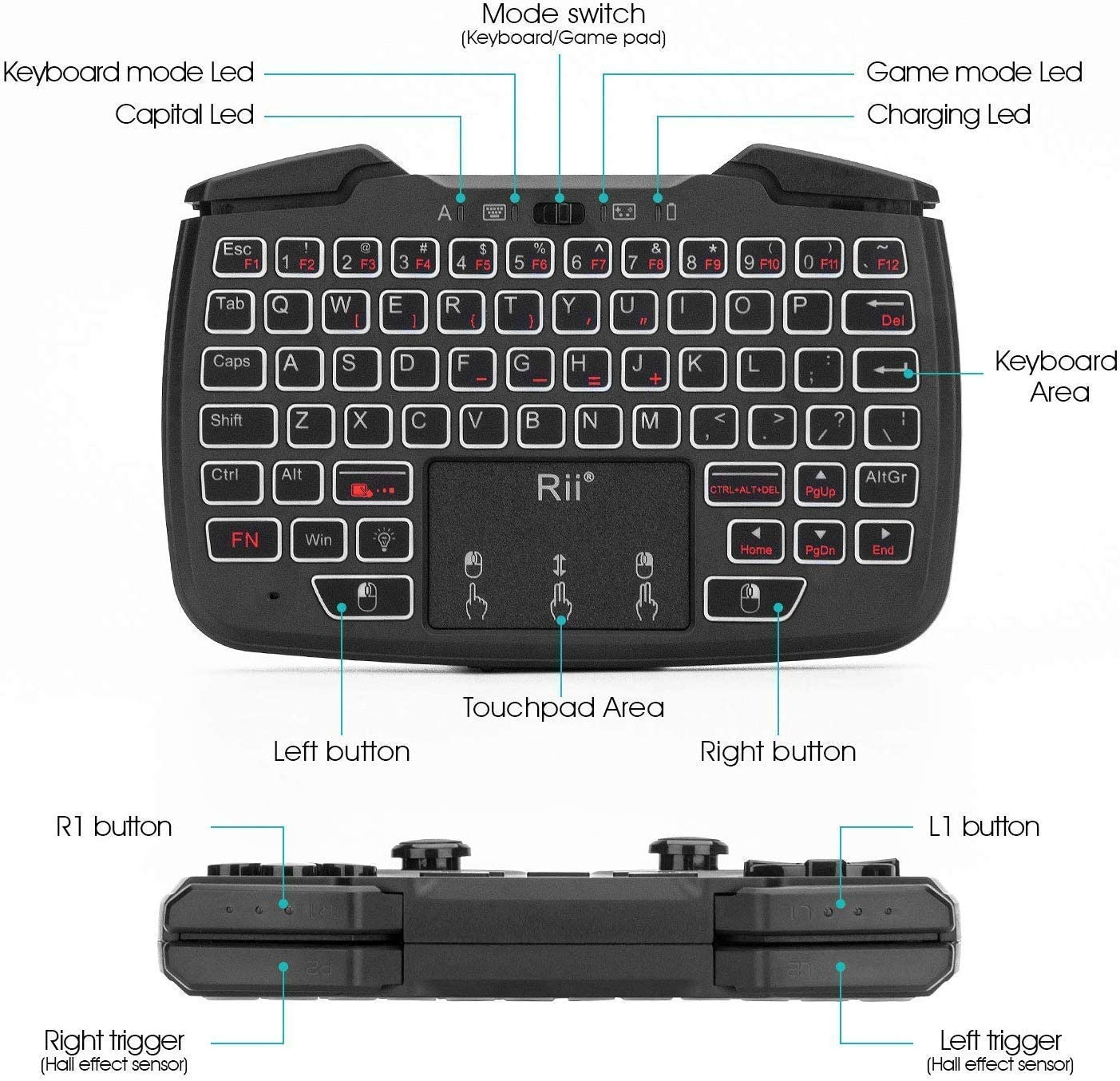 Rii Wireless Portable Game Controller 62-Key Rechargeable Keyboard Mouse