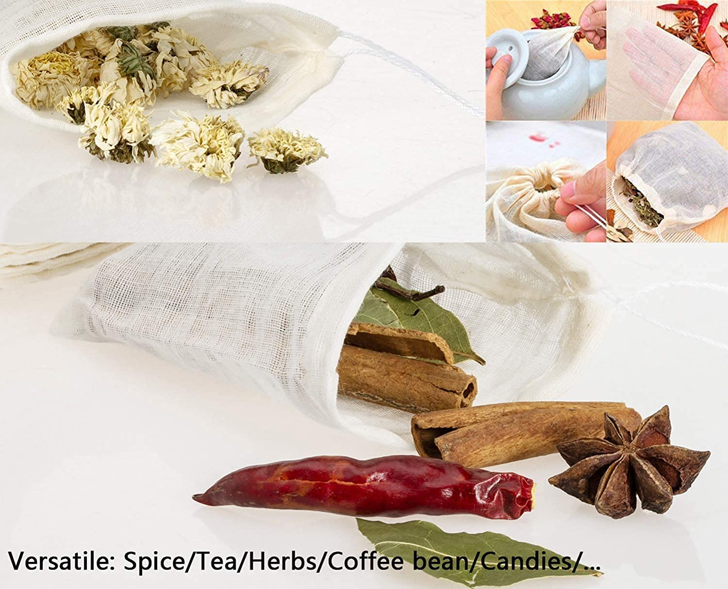 20 Pcs Muslin Drawstring Bags - Natural Unbleached Cotton Straining Herbs Cheesecloth, Coffee Tea Brew, Soup Gravy Broth Stew, Bone Broth Brew, Spice Bags - 6 X 4 Inches image number 5