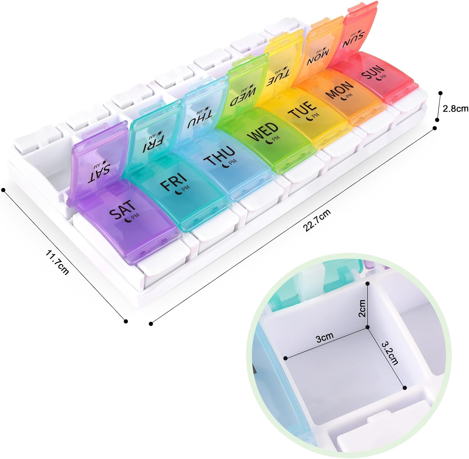 Opret Large Pill Organiser Box 7 Day 2 Times a Day, AM PM Weekly Tablet Organiser, Unique Push Button Open with 14 Compartments image number 4