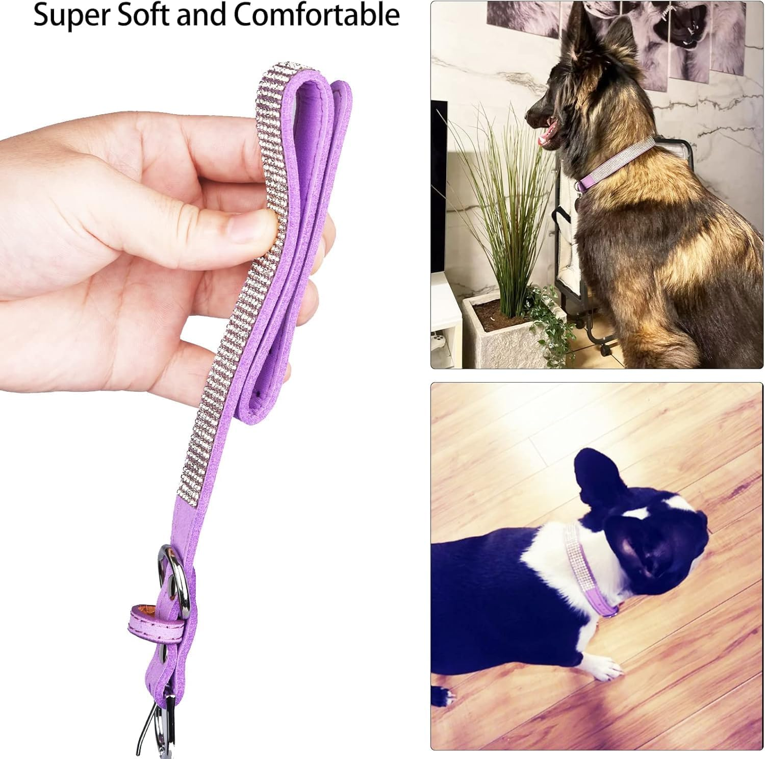 Rhinestone Dog Collar Pretty Rainbow Bling Fancy Dog Collars Soft Leather Pet Puppy Necklace (Lavender, M) image number 2