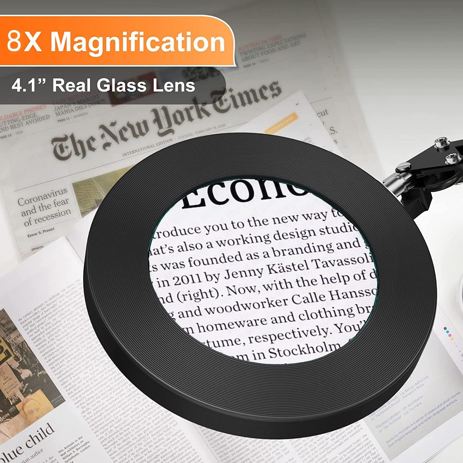 Magnifying Glass with Light and Stand, 8X Real Glass Desk Lamp Clamp, 3 Color Modes Dimmable, LED Lighted Magnifier for Reading Crafts Repair Sewing Close Works