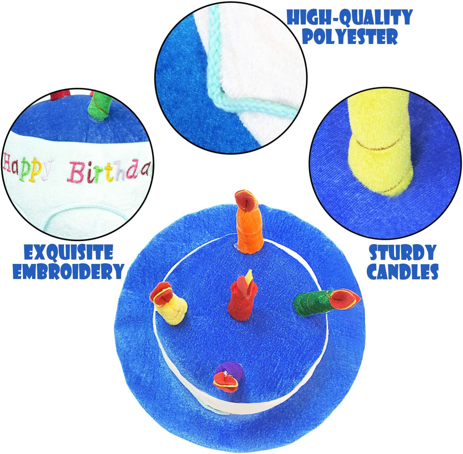 Novelty Place Plush Happy Birthday Cake Hat, (2 Pcs, Blue & Pink) - Unisex Adult Size Fancy Dress Party Hats - Perfect as Party Favors, Costume Accessories - Cake & 5 Multicolor Candles image number 3