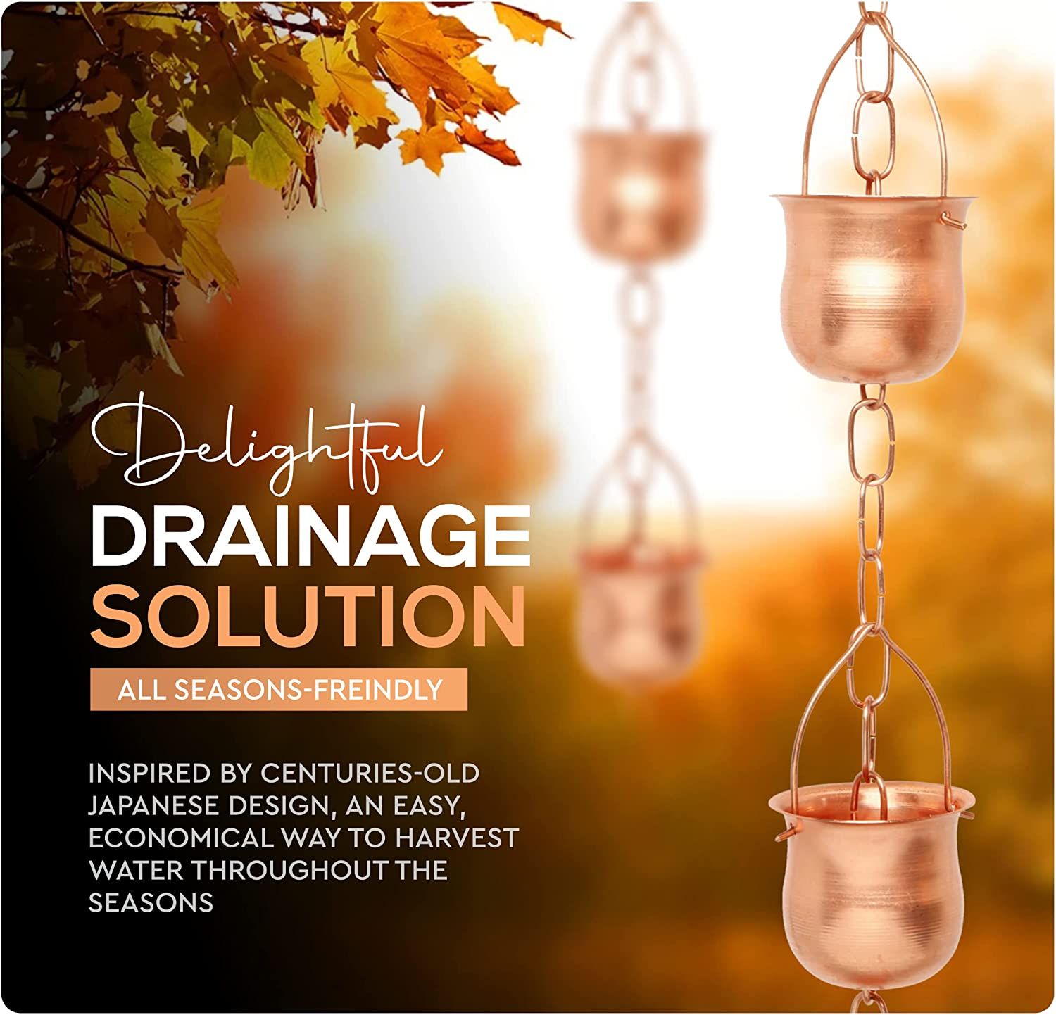 Copper Rain Chain - Decorative Chimes & Cups Replace Gutter Downspout & Divert Water Away from Home for Stunning Fountain Display - 8.5' Long for Universal Fit - Pot Style image number 3