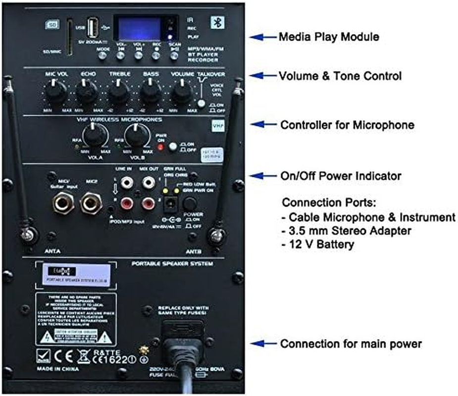 E-Lektron EL38-M 15 Inch Mobile PA Sound System Bluetooth Battery Recoding MP3 USB SD Incl. 2 Wireless Microphones 900W Karaoke Sound System with Stand image number 6