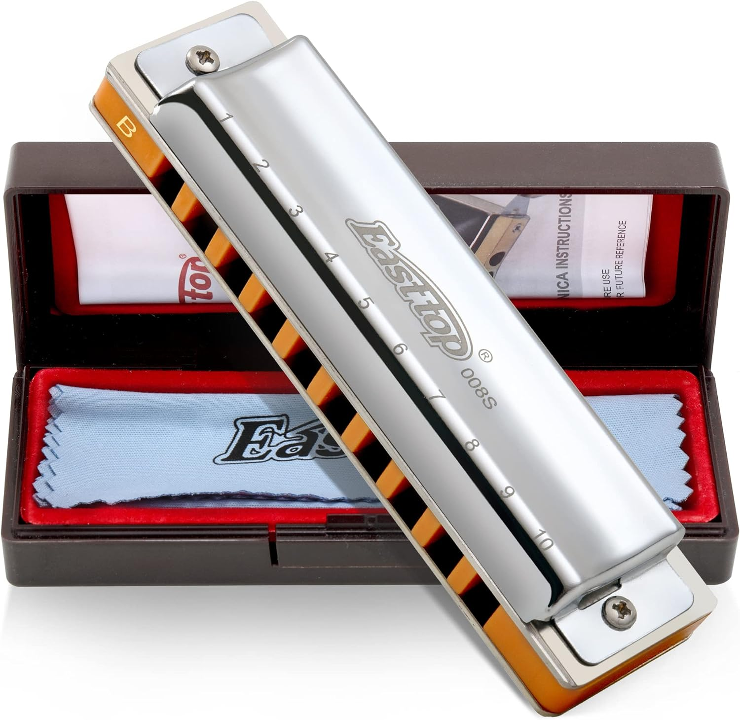 East Top Harmonica, 10-Hole 20 Tones Professional Diatonic Blues Harmonica Key of a with Silver Cover Probgrade Harmonicas for Professionals, Beginner, Students, Adults and Kids, as Best Gift