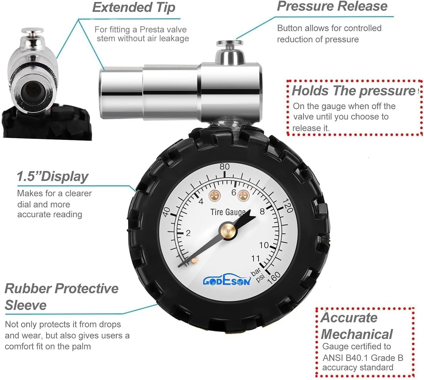 GODESON Presta Valve Bicycletire Pressure Gauge 0-160Psi and 0-11Bar image number 1