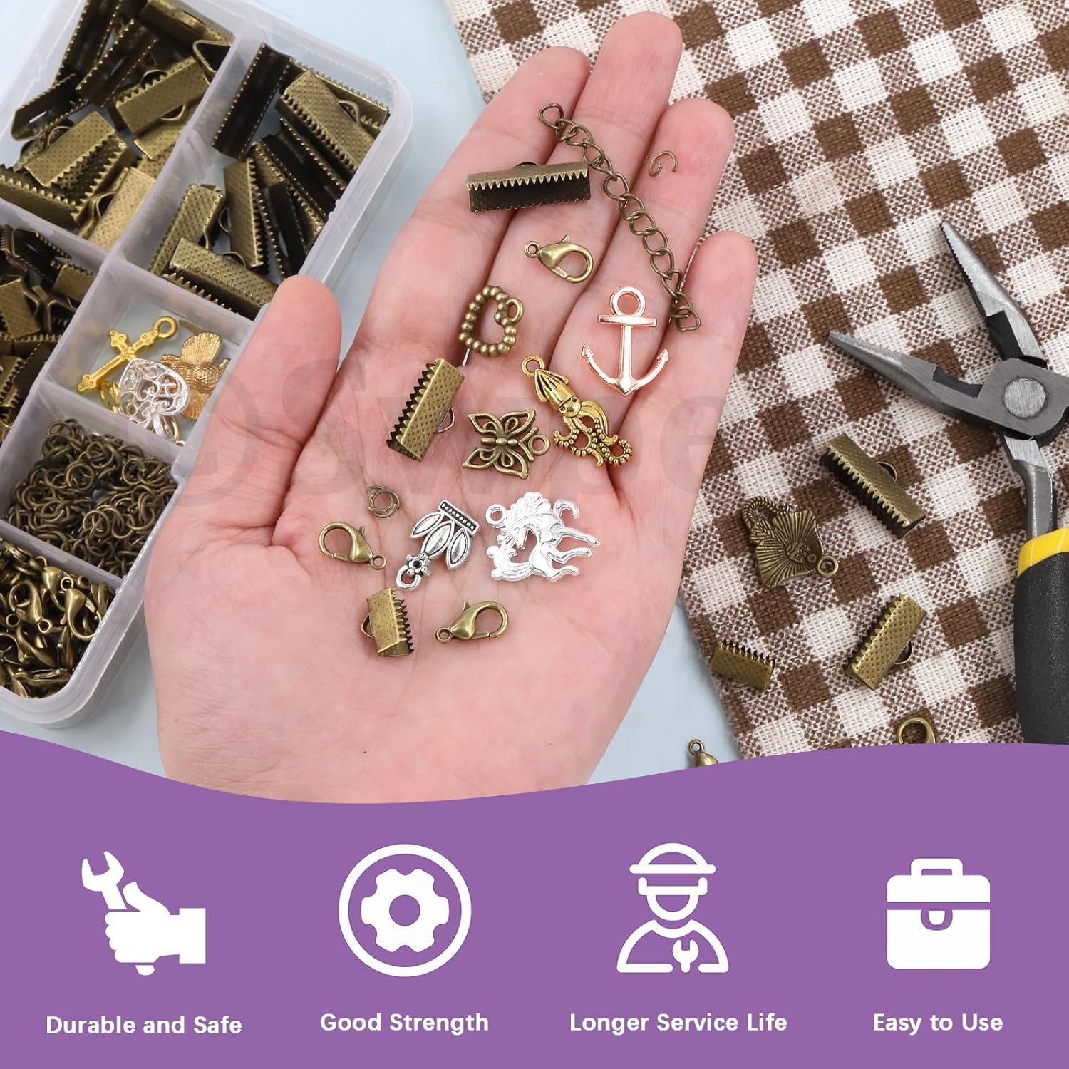 Swpeet 430Pcs Bronze Ribbon Bracelet Assortment Kit, Bookmark Pinch Crimp Ends Lobster Clasps with Jump Rings and Chain Extenders for DIY Making Bookmark Pinch Bracelet Choker Necklace image number 2