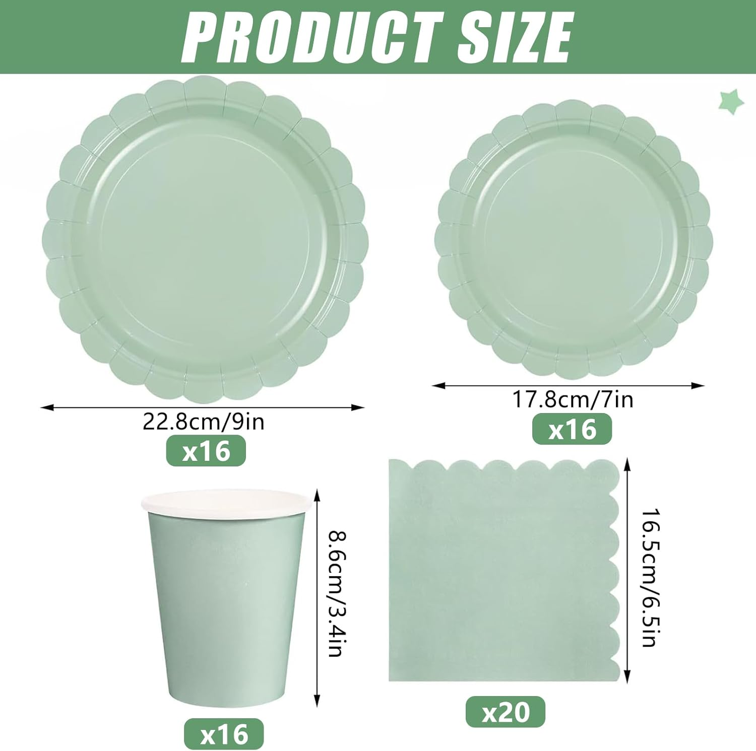 68 Pcs Sage Green Paper Plates and Napkins, 16 Guest Sage Green Party Supplies Include Sage Green Scalloped Plates Paper Cup Spoons for Baby Shower, Wedding, Birthday Dinner Picnic Camping Party image number 4