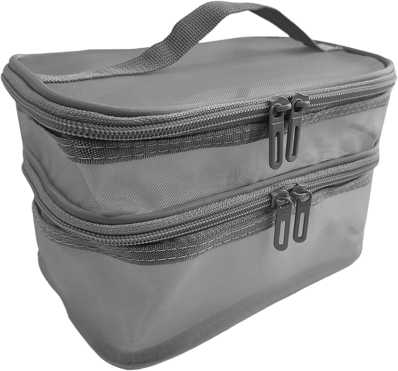 Double Layer Makeup Bag, Mesh Cosmetic Bag with Handle, Double Zipper Beauty Make up Bag, 2 Compartment Toiletries Storage Bag, Portable Travel Cosmetic Case Organizer for Women Girls, Gray