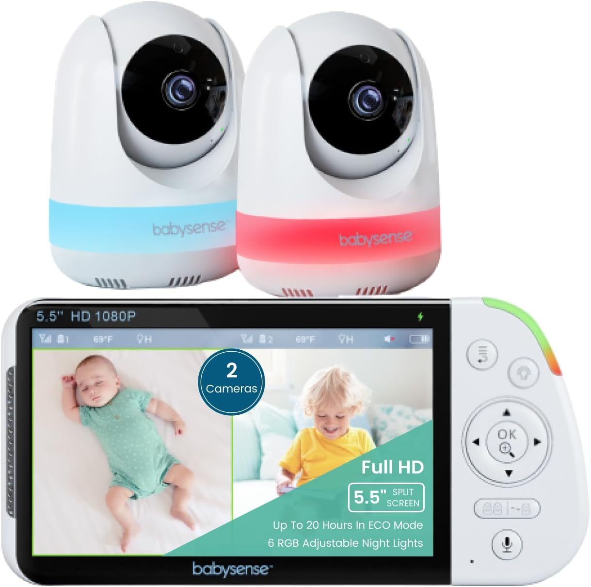Babysense 5.5&rdquo; 1080P Full HD Split-Screen Baby Monitor, Video Baby Monitor with 2 Cameras and Audio, 6-Color RGB Night Light, 1000Ft Range, Two-Way Audio, 4X Zoom, 5000Mah Battery image number 4
